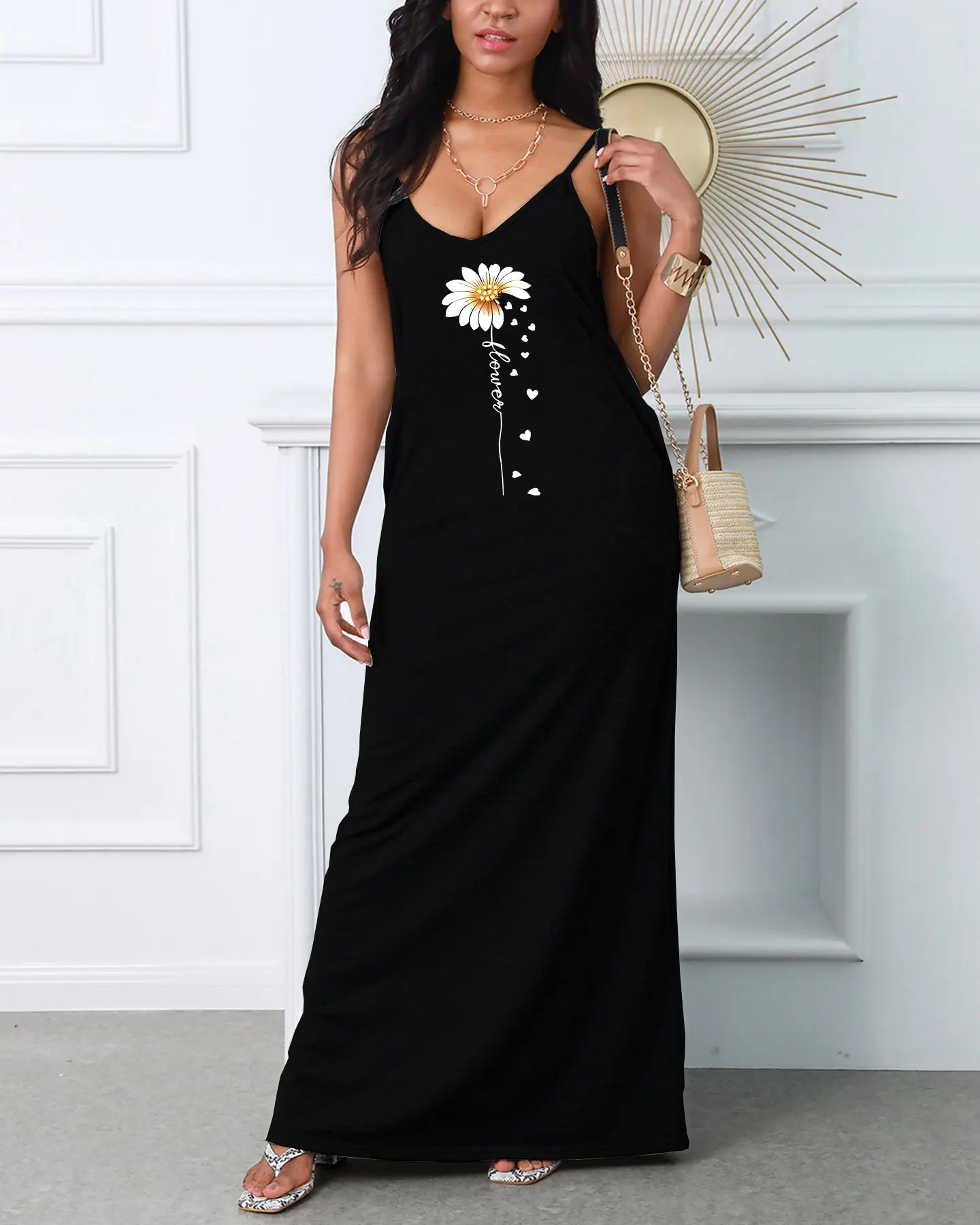 Women's flower and cross pattern printed V-neck suspender sexy dress, comfortable, breathable, casual and fashionable dress