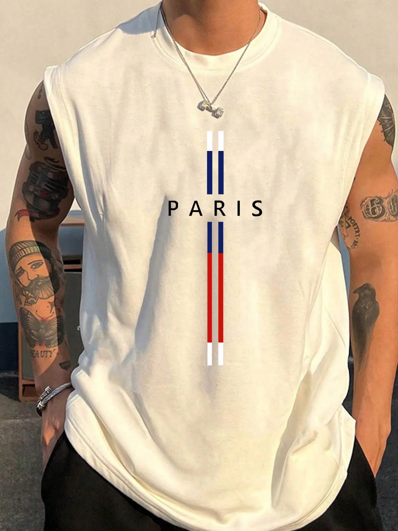Men's Summer Leisure Sports Fitness Loose Paris Letter Printed Comfortable Breathable Round Neck Sleeveless Tank Top