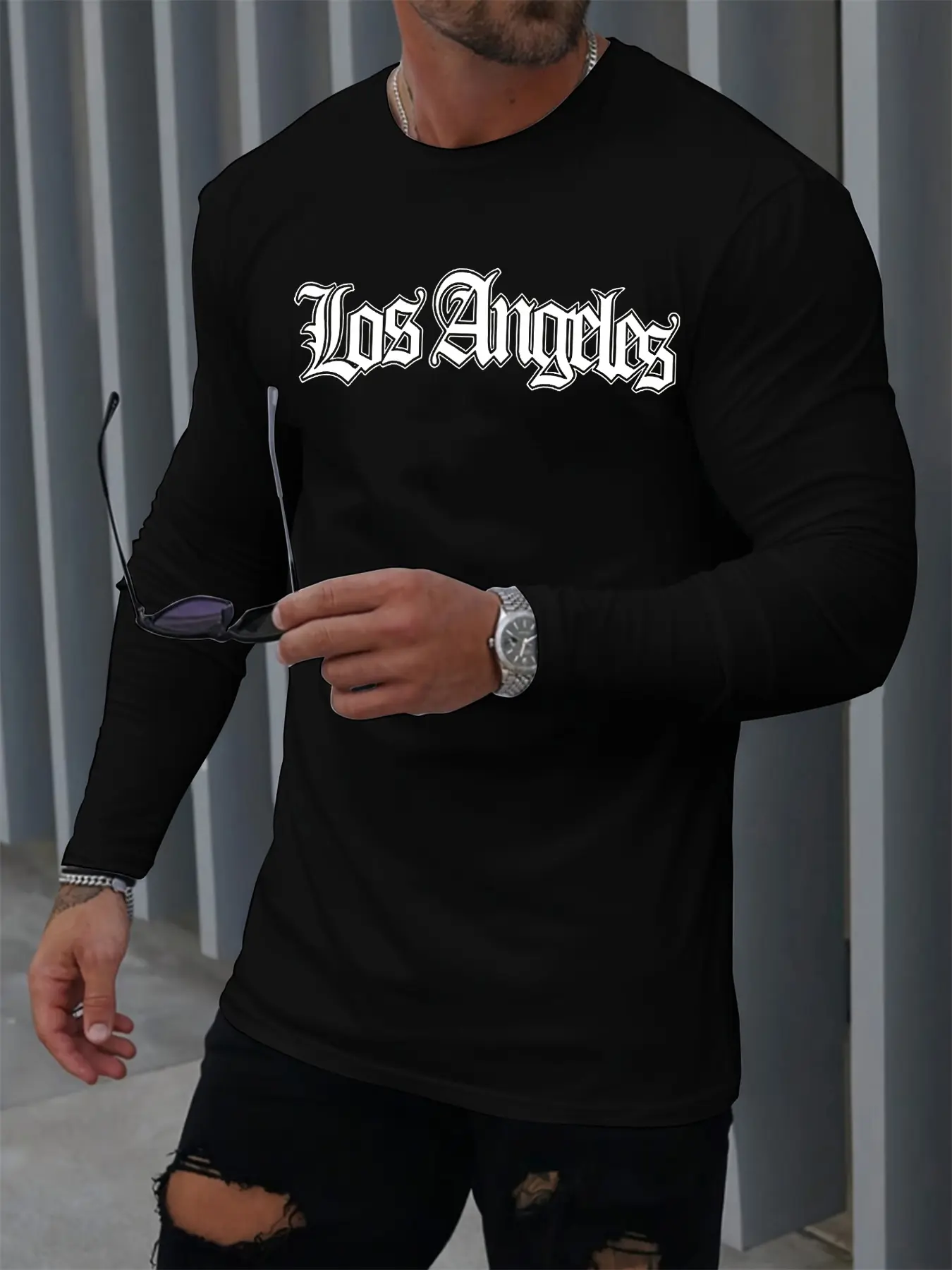 Men's 100% pure cotton loose fit comfortable casual sports Los Angeles letter pattern printed round neck long sleeved T-shirt