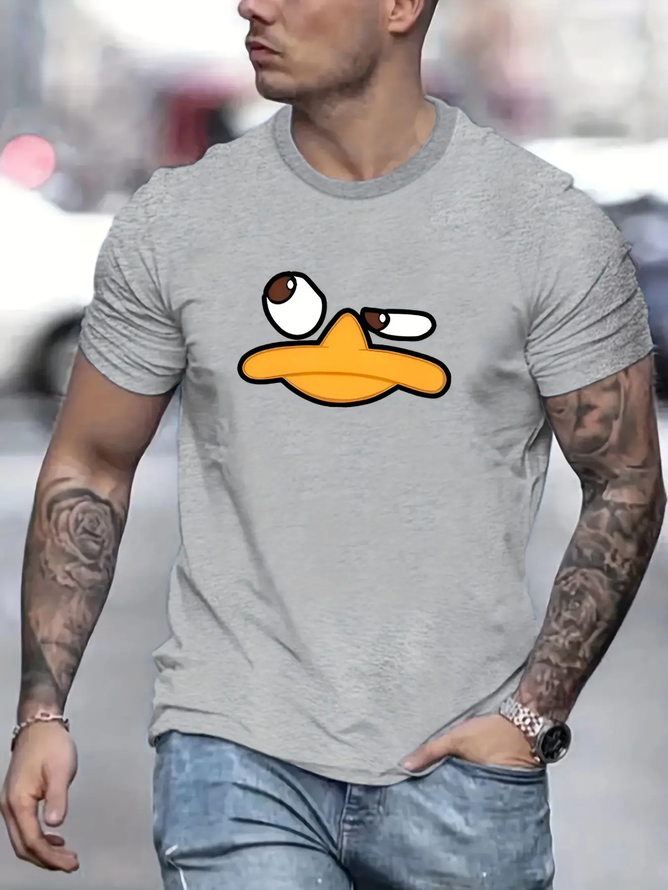 Summer men's 100% pure cotton sports casual loose fit plus cartoon duck print comfortable round neck short sleeved T-shirt top