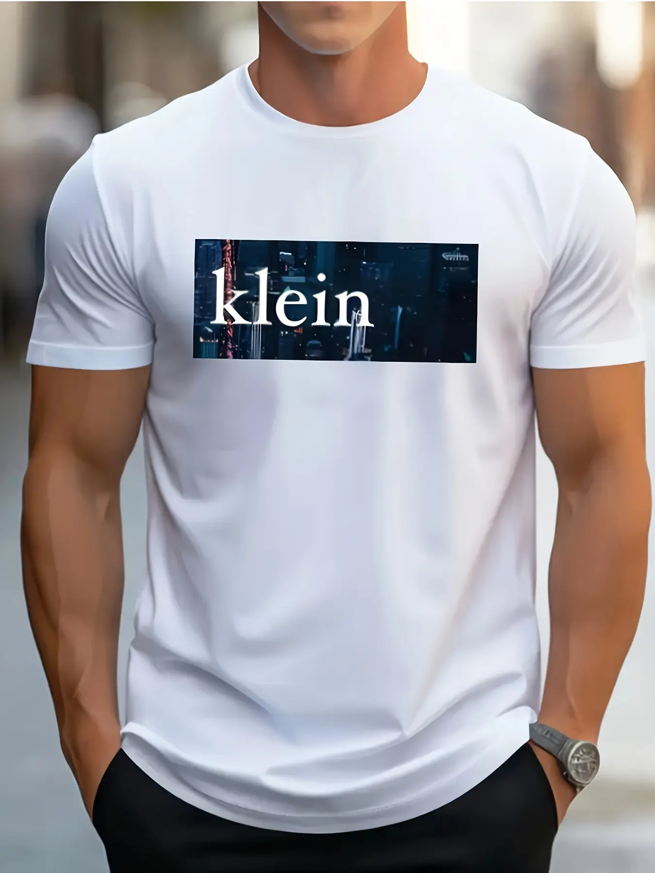 Men's summer 100% pure cotton Men's Klein Print T-Shirt - White Casual Summer Tee with Skyscraper GraphicBreathable &