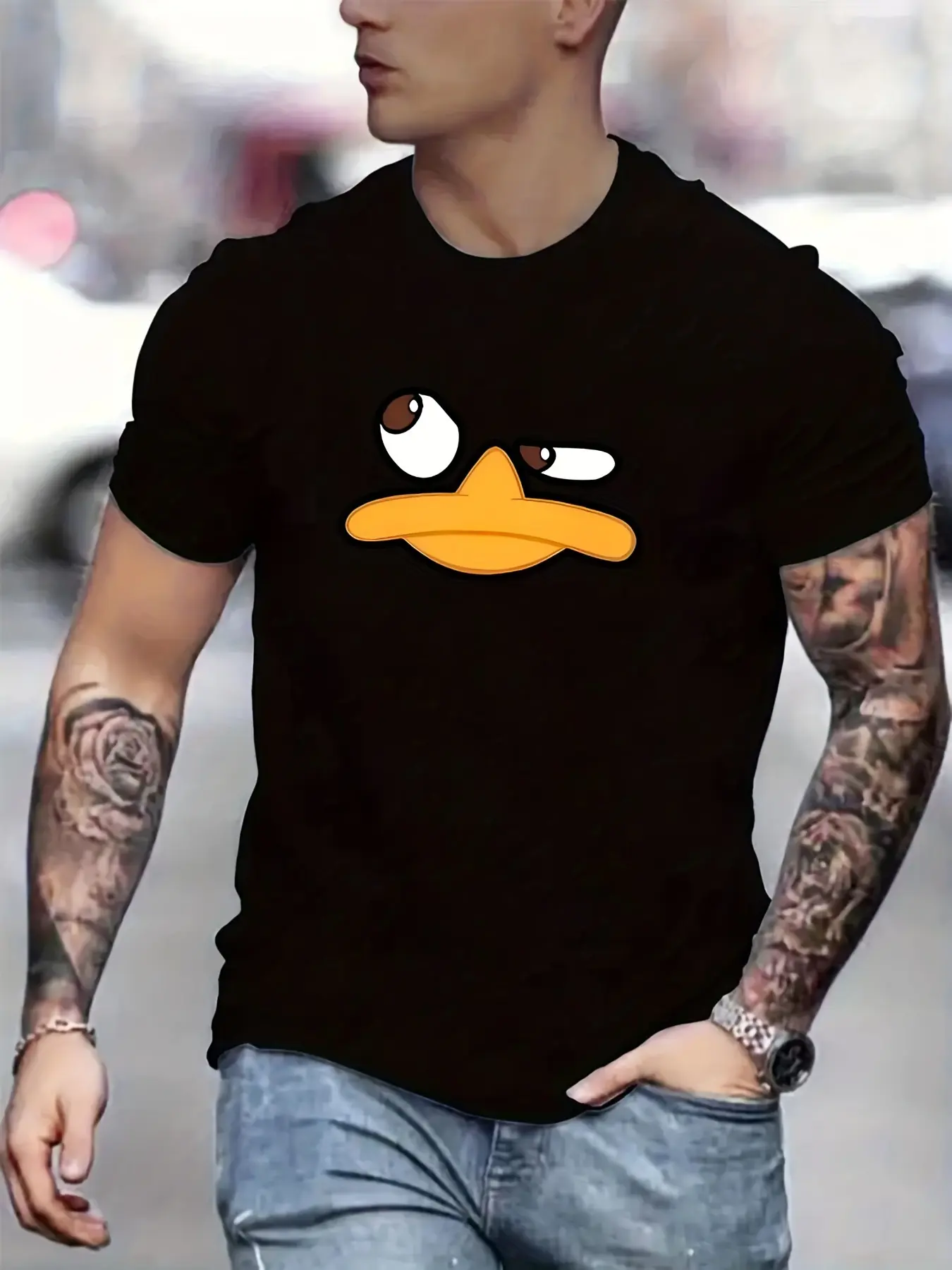 Summer men's 100% pure cotton sports casual loose fit plus cartoon duck print comfortable round neck short sleeved T-shirt top