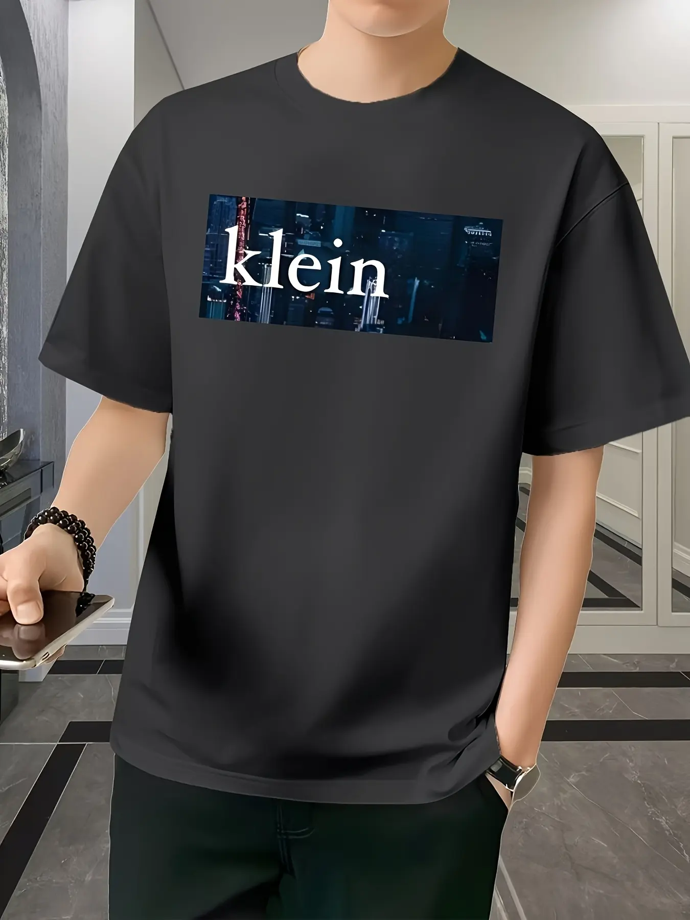 Men's summer 100% pure cotton Men's Klein Print T-Shirt - White Casual Summer Tee with Skyscraper GraphicBreathable &