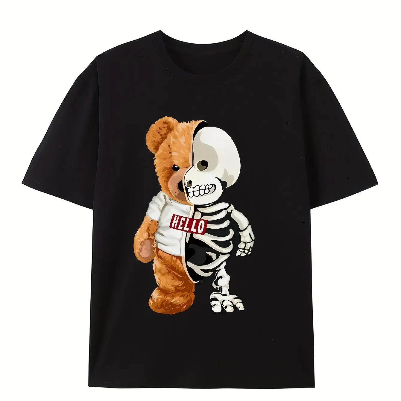 Men's summer 100 cotton fashionable casual sports loose skull bear pattern printed round neck short sleeved T-shirt top