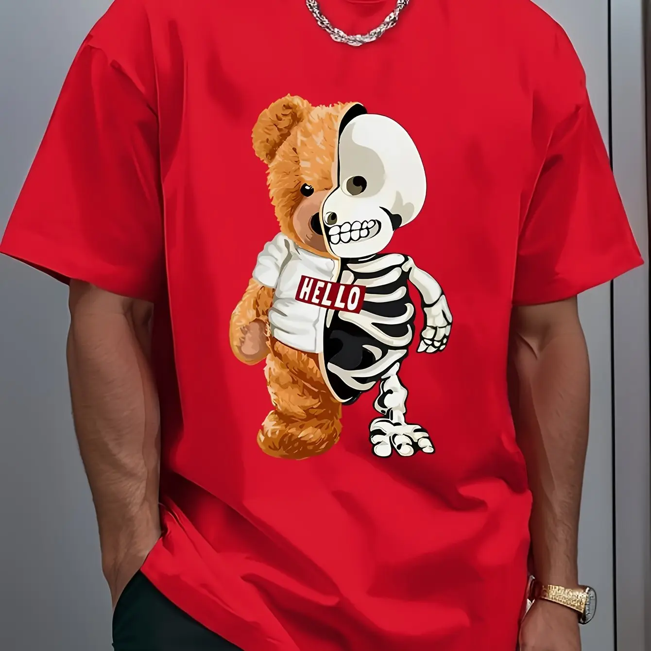 Men's summer 100 cotton fashionable casual sports loose skull bear pattern printed round neck short sleeved T-shirt top