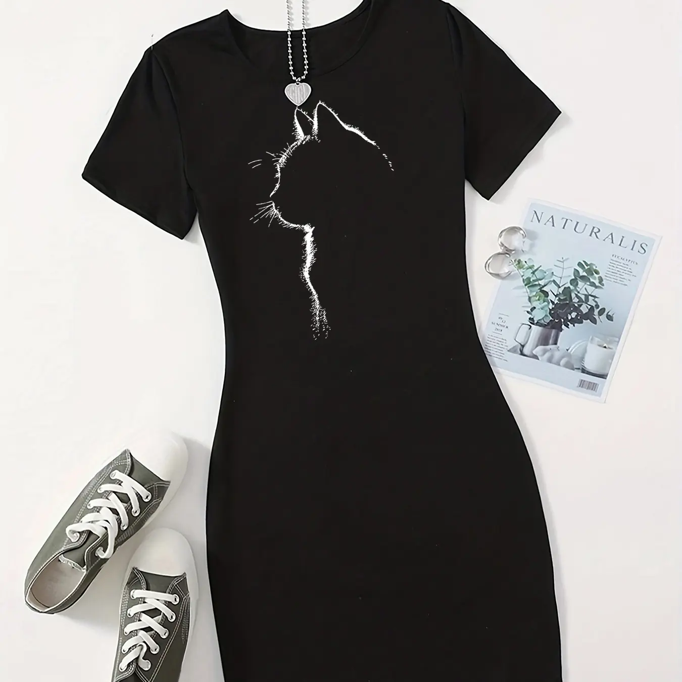 Summer women's fashionable cat pattern printed casual sexy slim fit short sleeved round neck mini dress