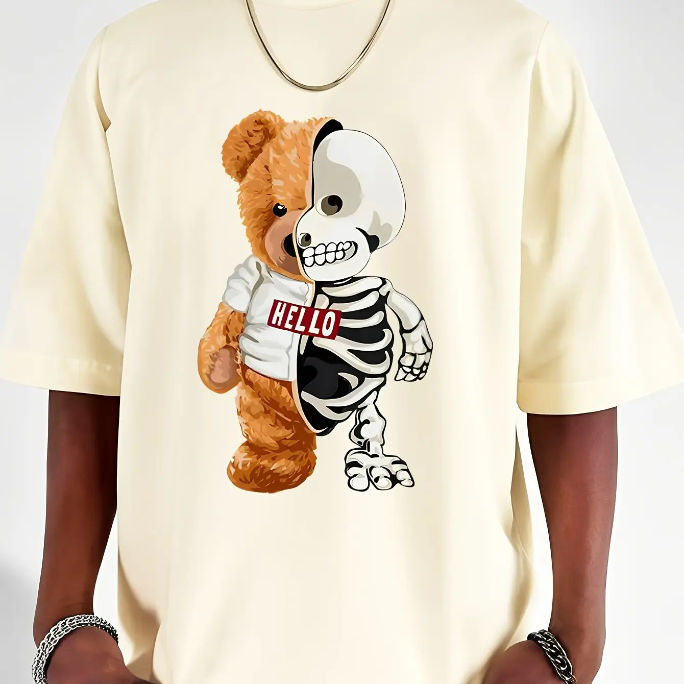 Men's summer 100 cotton fashionable casual sports loose skull bear pattern printed round neck short sleeved T-shirt top