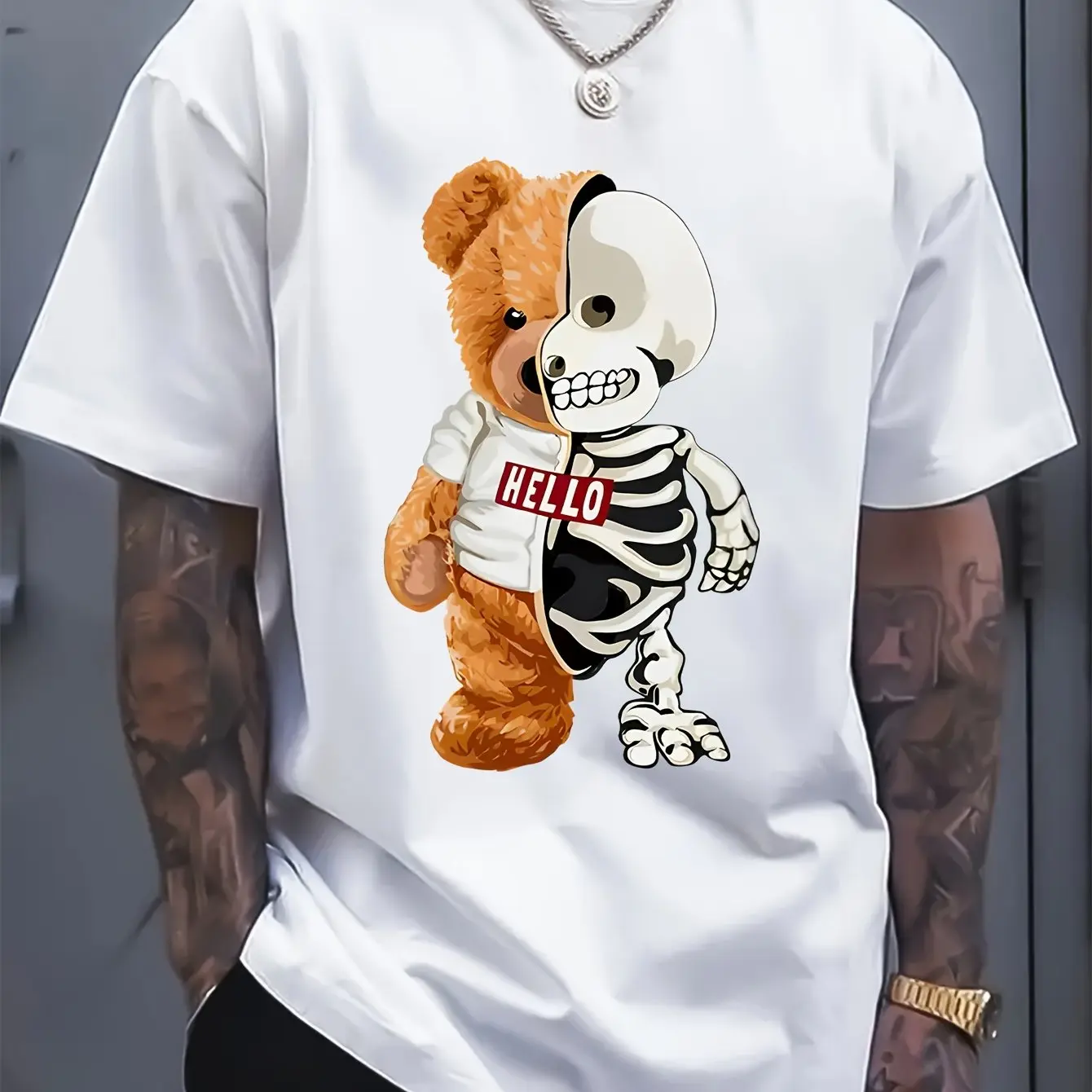 Men's summer 100 cotton fashionable casual sports loose skull bear pattern printed round neck short sleeved T-shirt top