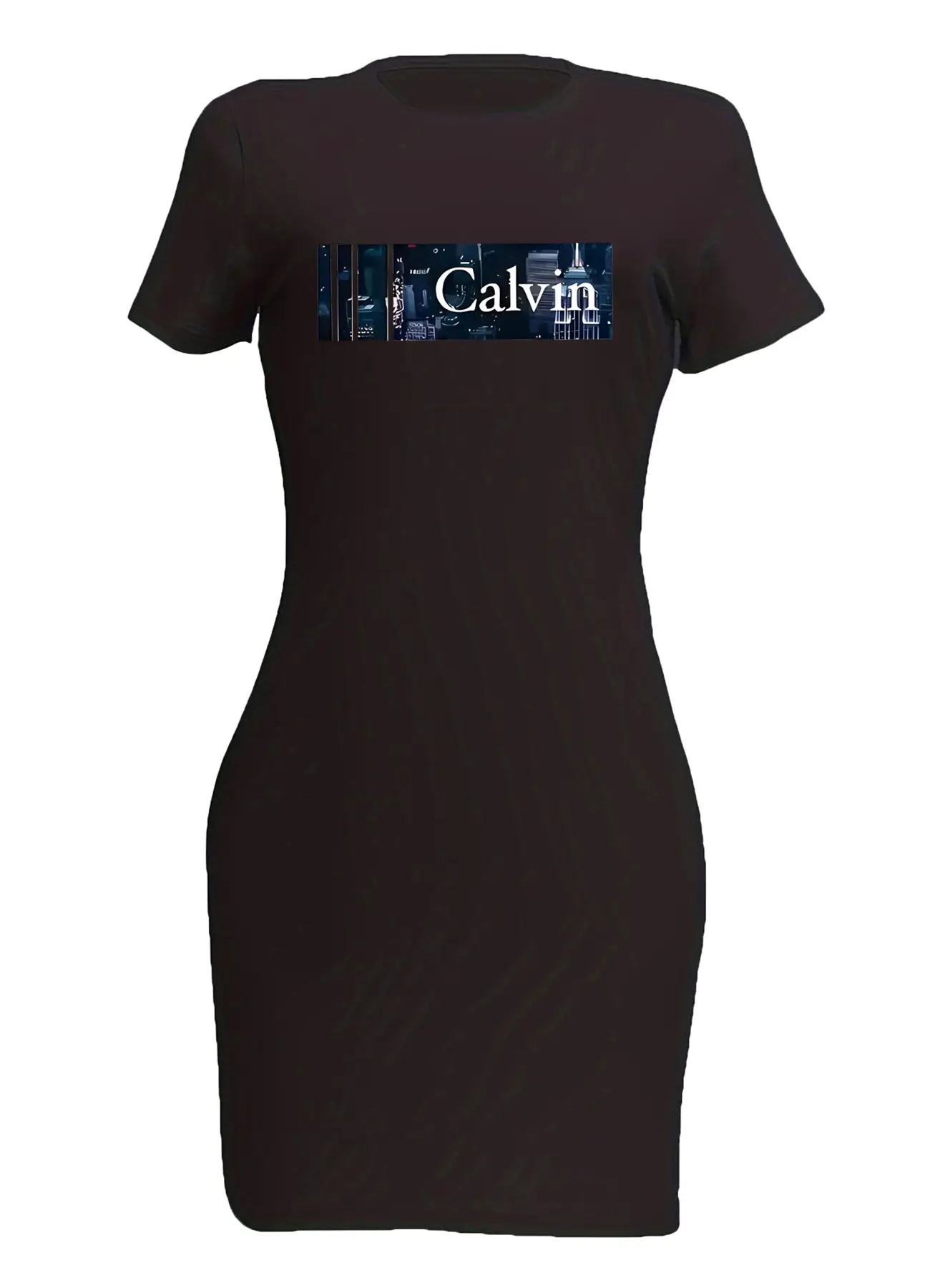 Summer women's fashionable Calvin letter pattern print casual sexy slim fit short sleeved round neck mini dress