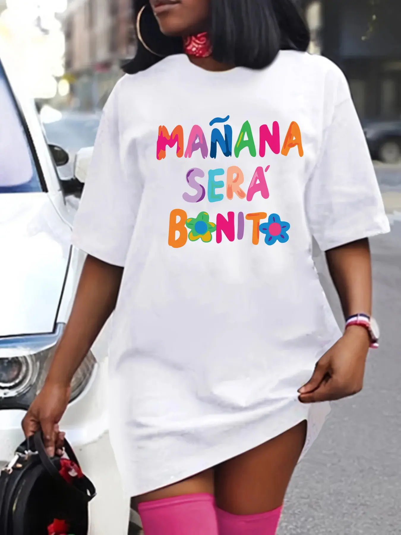 Women's summer casual fashion MANANA letter print loose size round neck short sleeved T-shirt dress streetwear