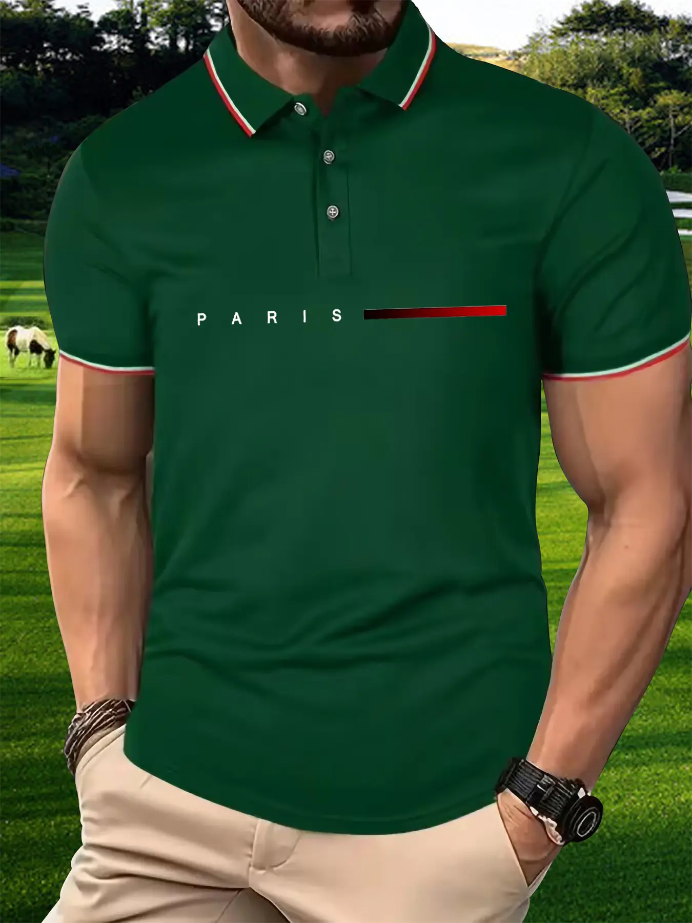 Men's 100 cotton summer casual fashion loose plus size Paris letter pattern printed lapel short sleeved polo shirt top