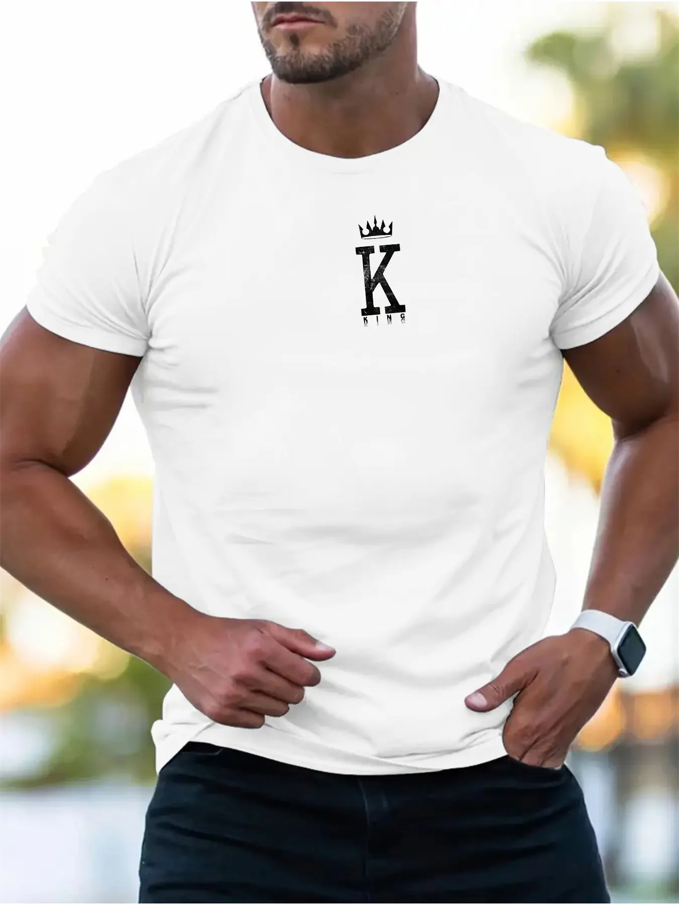 Men's summer 100 cotton fashionable casual sports loose letter K crown KING printed round neck short sleeved T-shirt top