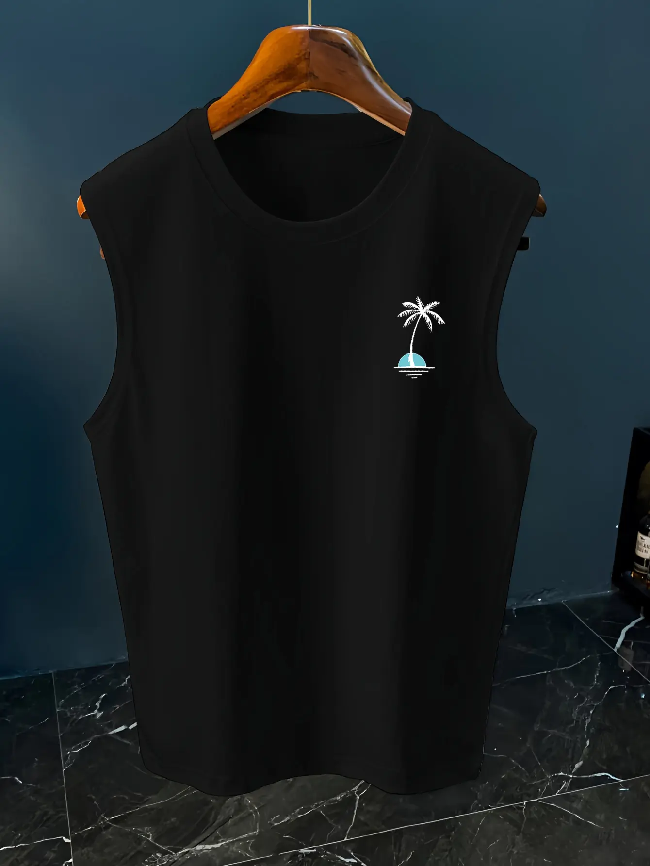 Men's Summer Leisure Sports Fitness Loose Coconut Tree Pattern Printed Comfortable Breathable Round Neck Sleeveless Tank Top