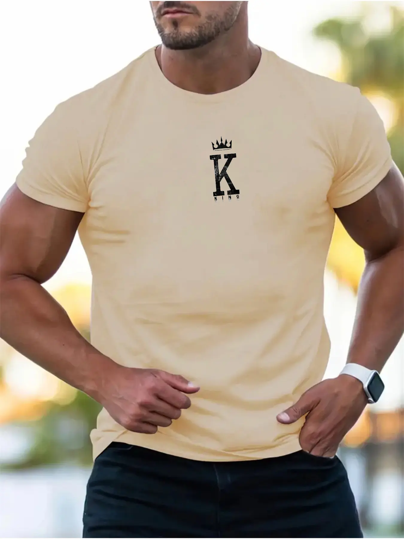 Men's summer 100 cotton fashionable casual sports loose letter K crown KING printed round neck short sleeved T-shirt top
