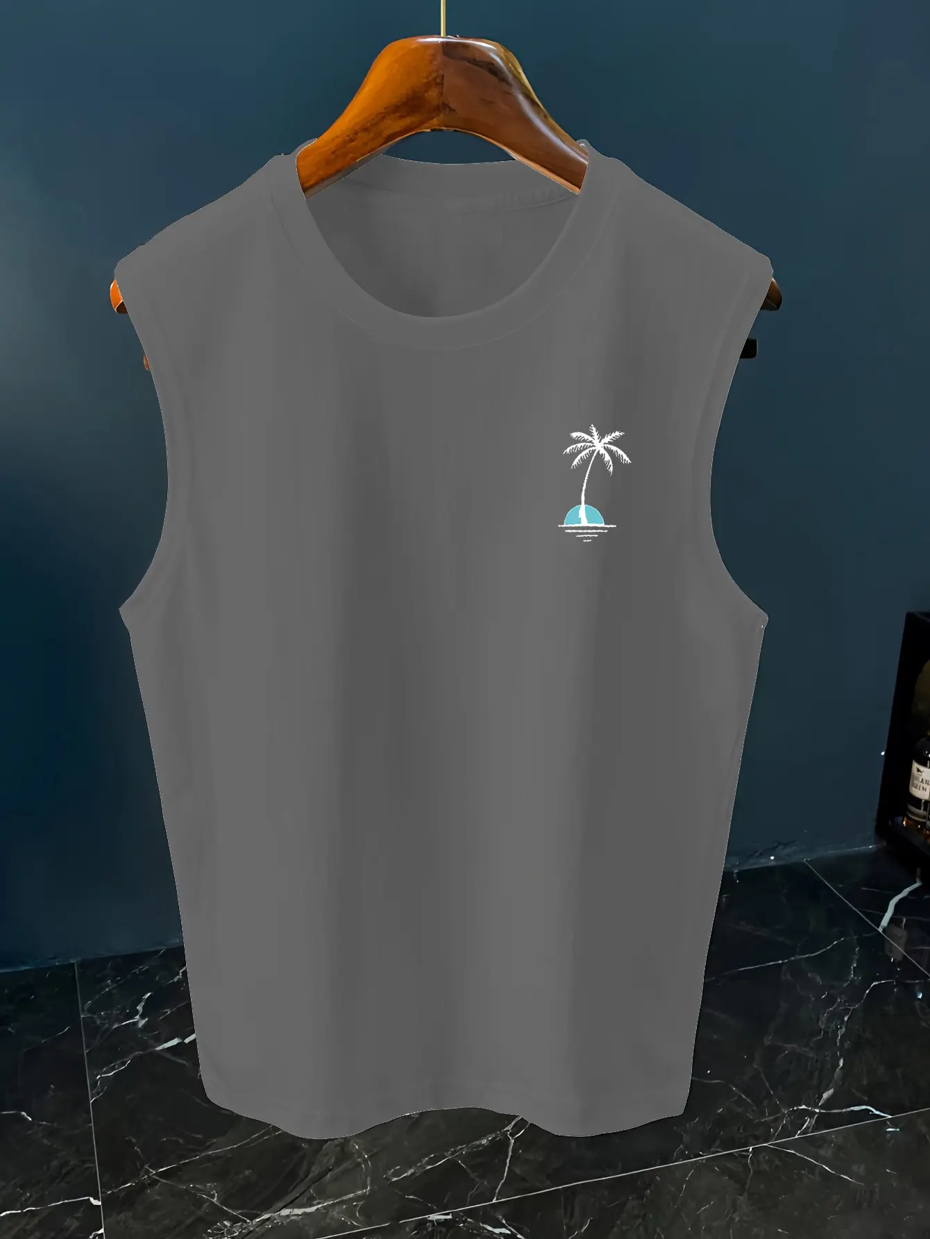 Men's Summer Leisure Sports Fitness Loose Coconut Tree Pattern Printed Comfortable Breathable Round Neck Sleeveless Tank Top