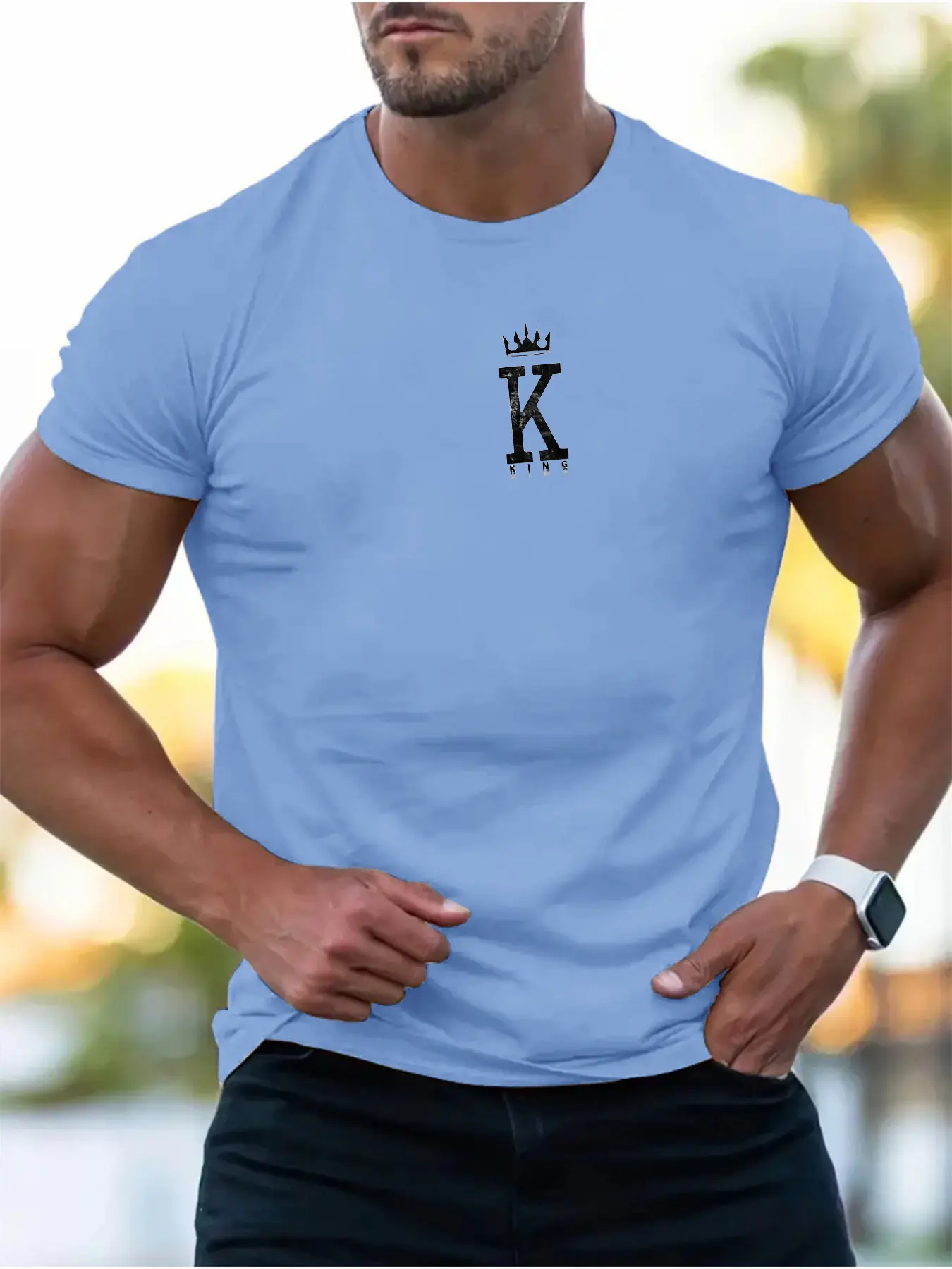 Men's summer 100 cotton fashionable casual sports loose letter K crown KING printed round neck short sleeved T-shirt top
