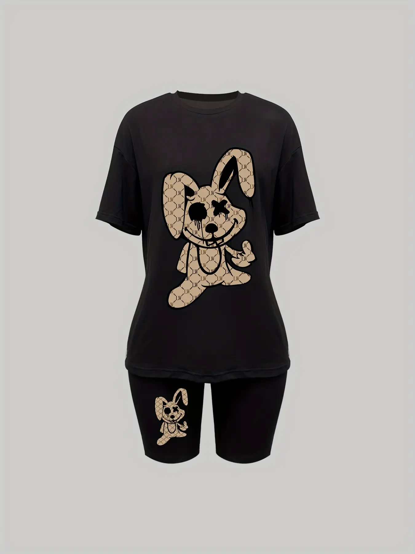 Women's summer casual loose plus cartoon rabbit print round neck short sleeved T-shirt paired with cropped pants two-piece set