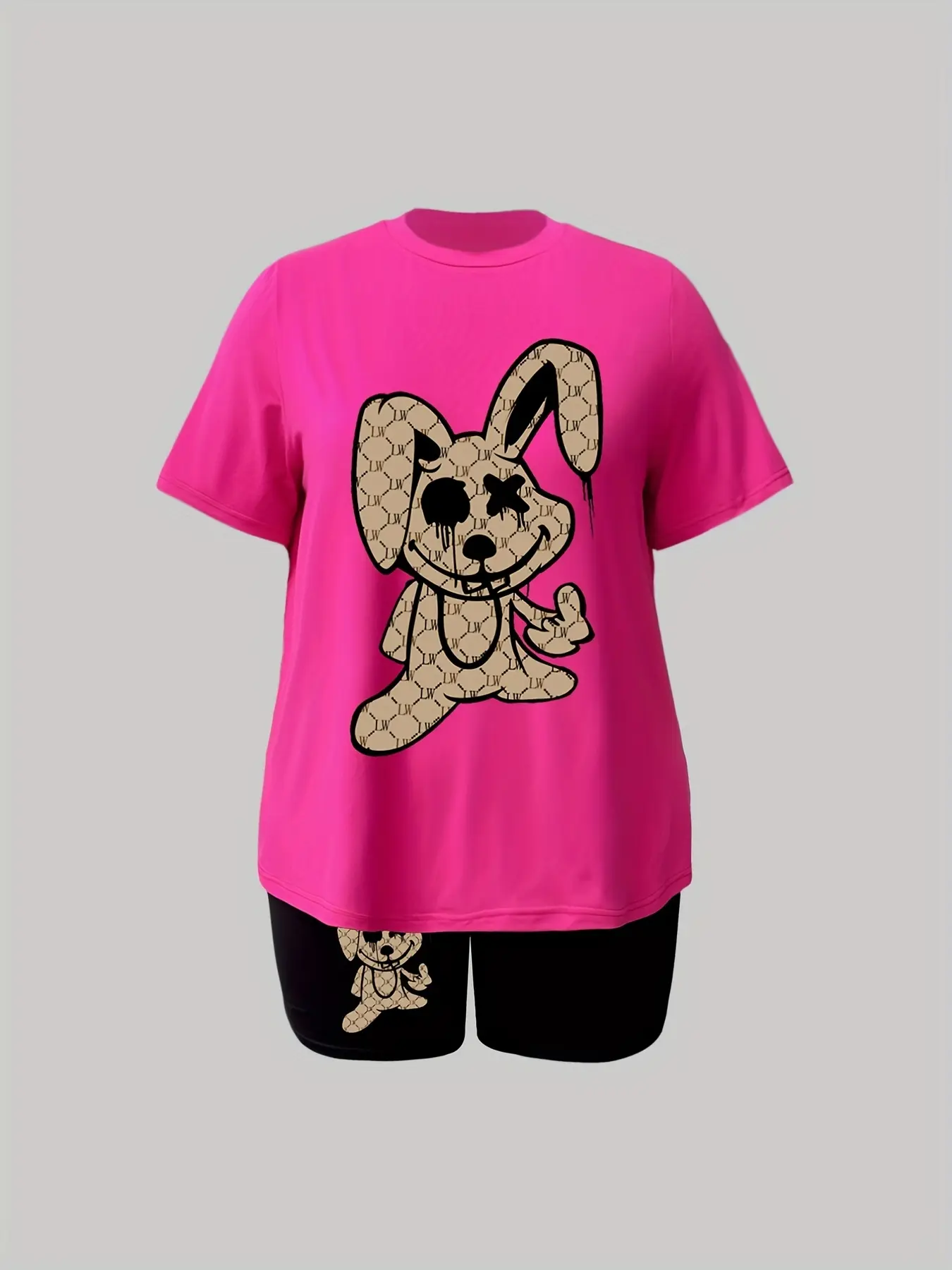 Women's summer casual loose plus cartoon rabbit print round neck short sleeved T-shirt paired with cropped pants two-piece set