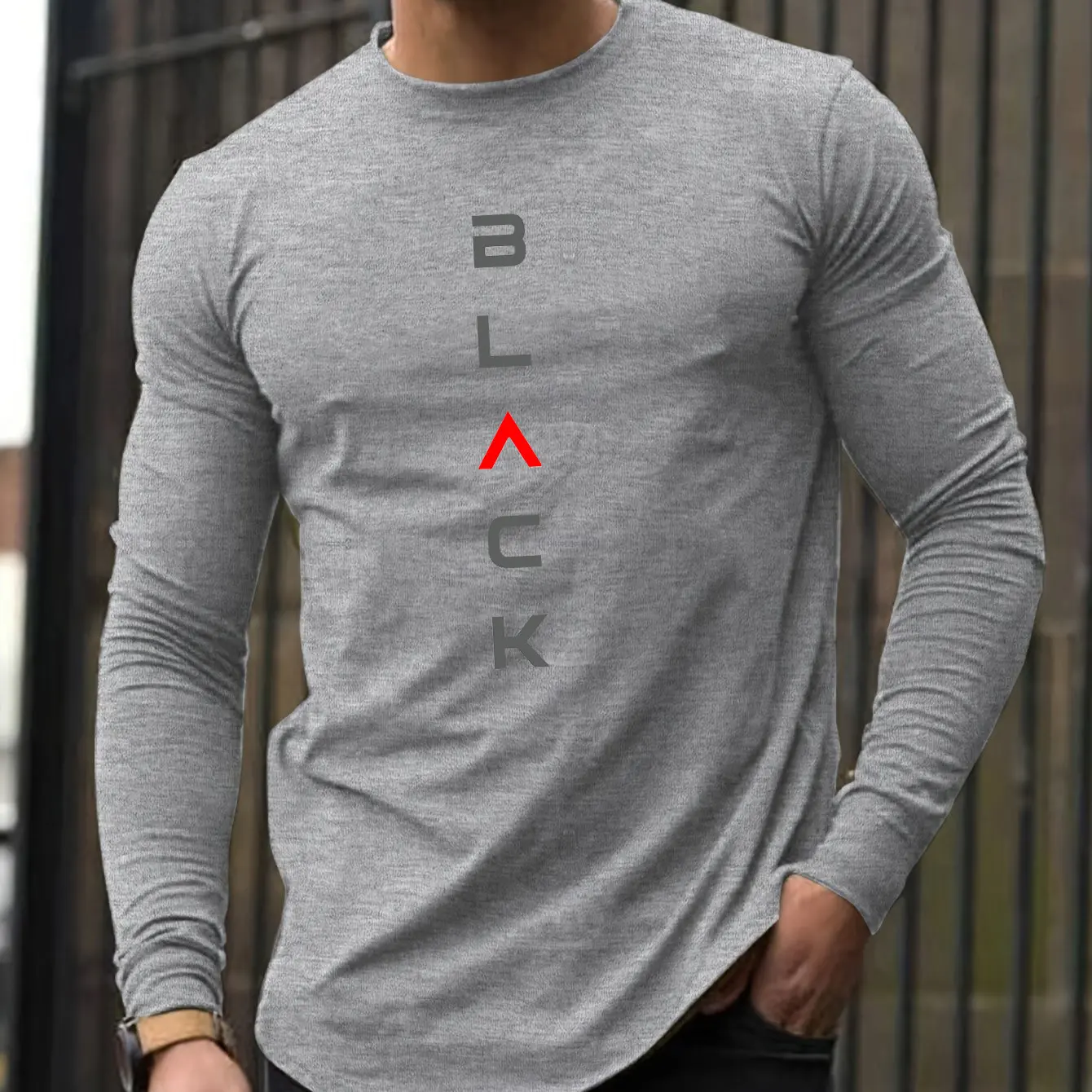 Men's 100% pure cotton loose fit comfortable sports and leisure BLACK letter printed round neck long sleeved T-shirt top