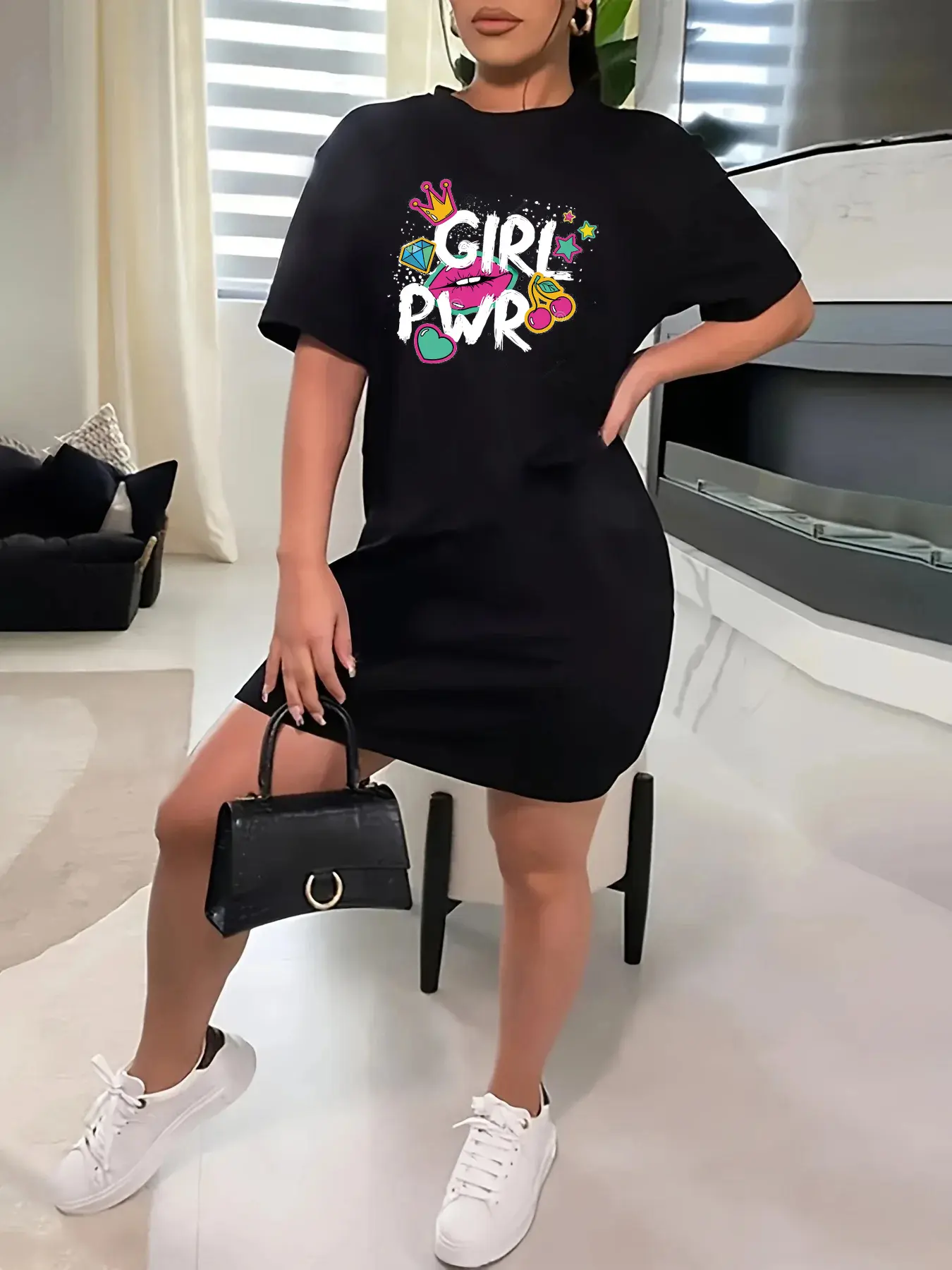 Women's plus size summer GIRL PWR print lip print print short sleeved round neck slim fit casual T-shirt dress