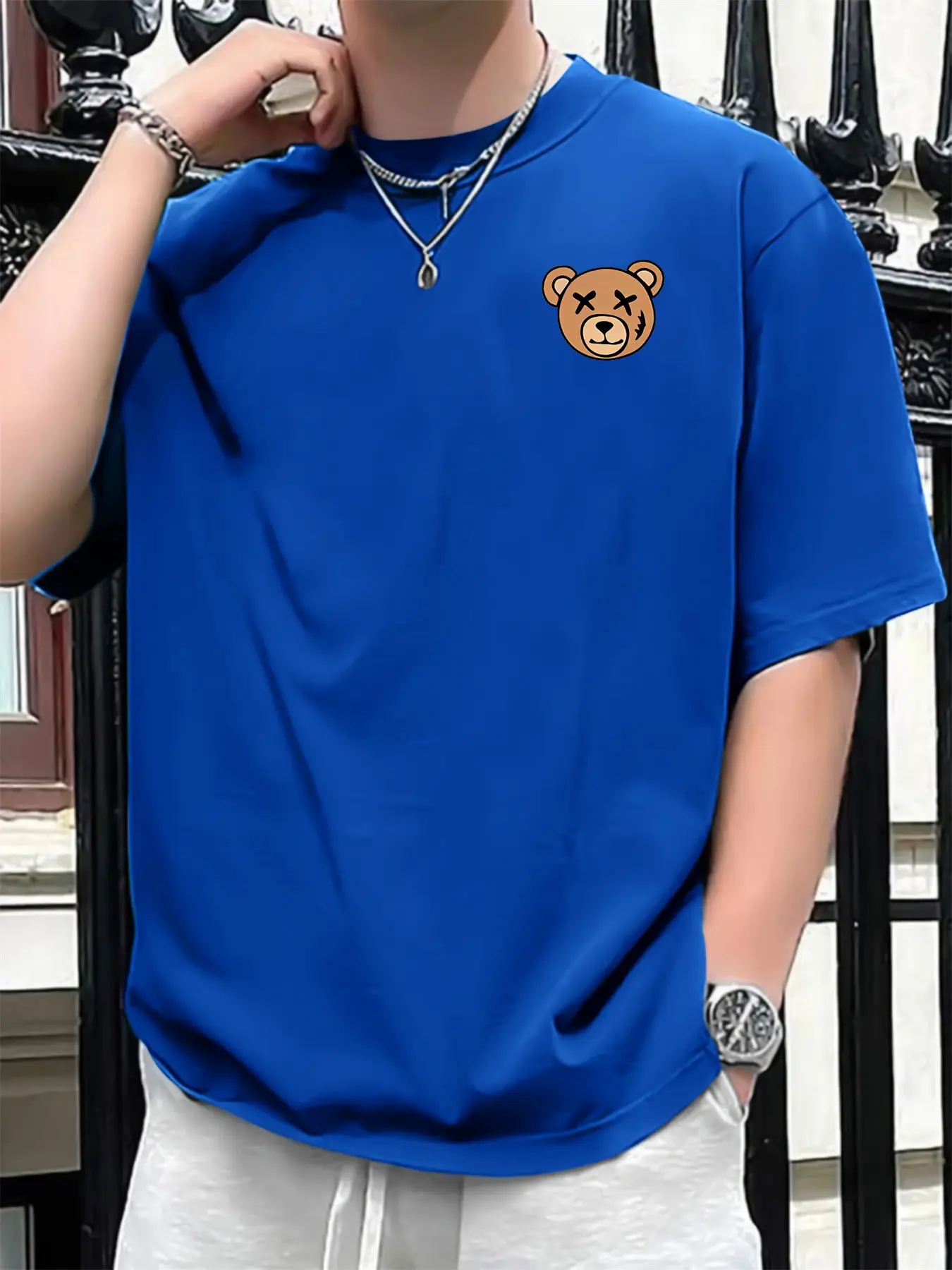 Summer men's 100% pure cotton casual sports loose cartoon bear pattern printed comfortable round neck short sleeved T-shirt top