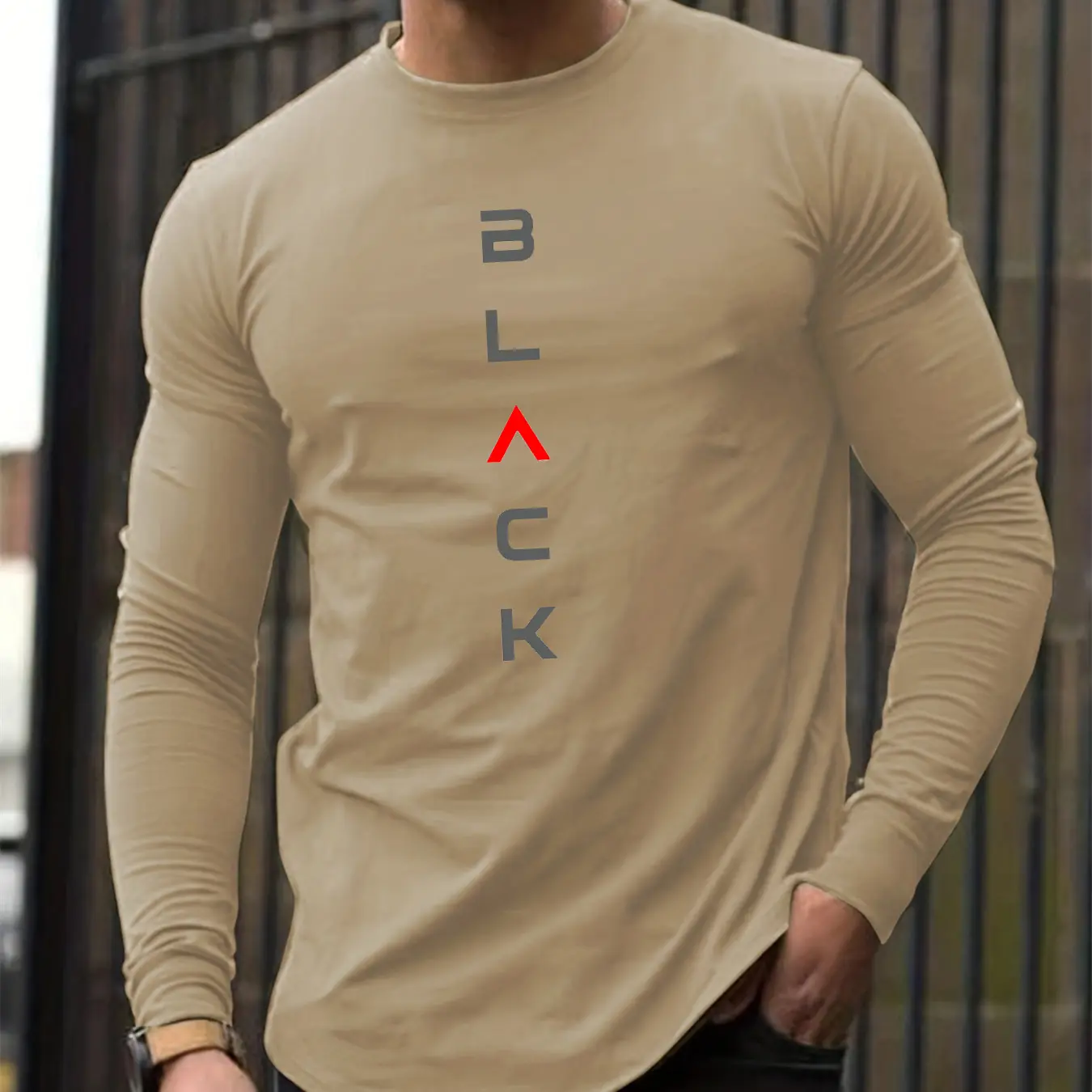 Men's 100% pure cotton loose fit comfortable sports and leisure BLACK letter printed round neck long sleeved T-shirt top