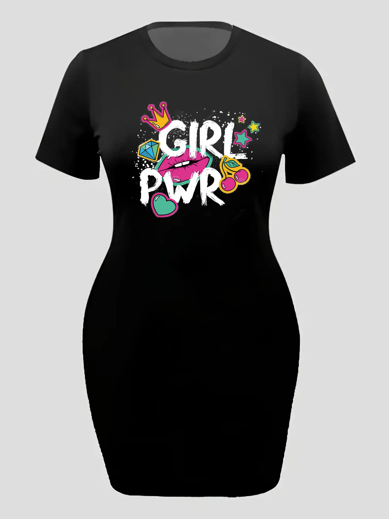 Women's plus size summer GIRL PWR print lip print print short sleeved round neck slim fit casual T-shirt dress