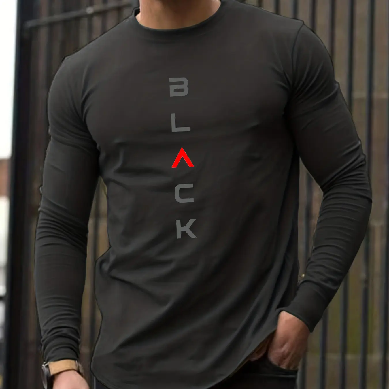 Men's 100% pure cotton loose fit comfortable sports and leisure BLACK letter printed round neck long sleeved T-shirt top