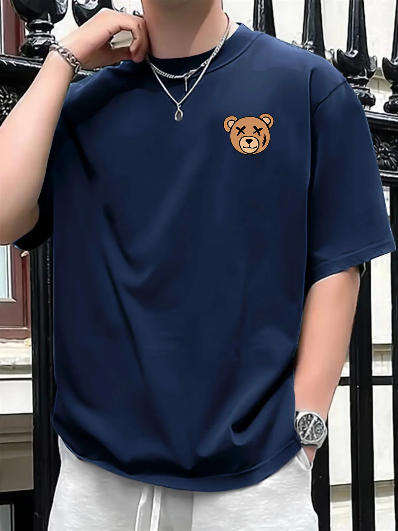 Summer men's 100% pure cotton casual sports loose cartoon bear pattern printed comfortable round neck short sleeved T-shirt top