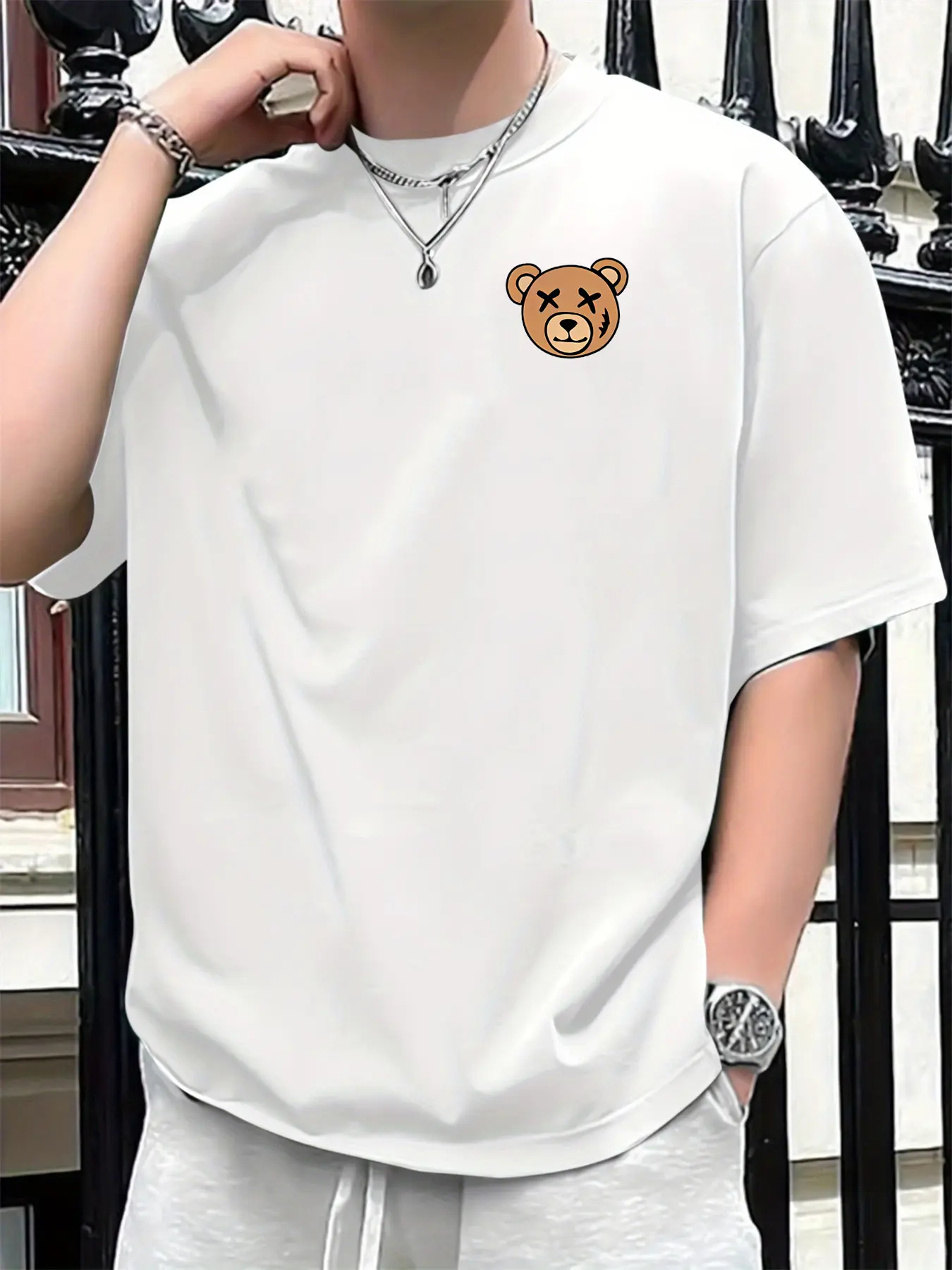 Summer men's 100% pure cotton casual sports loose cartoon bear pattern printed comfortable round neck short sleeved T-shirt top