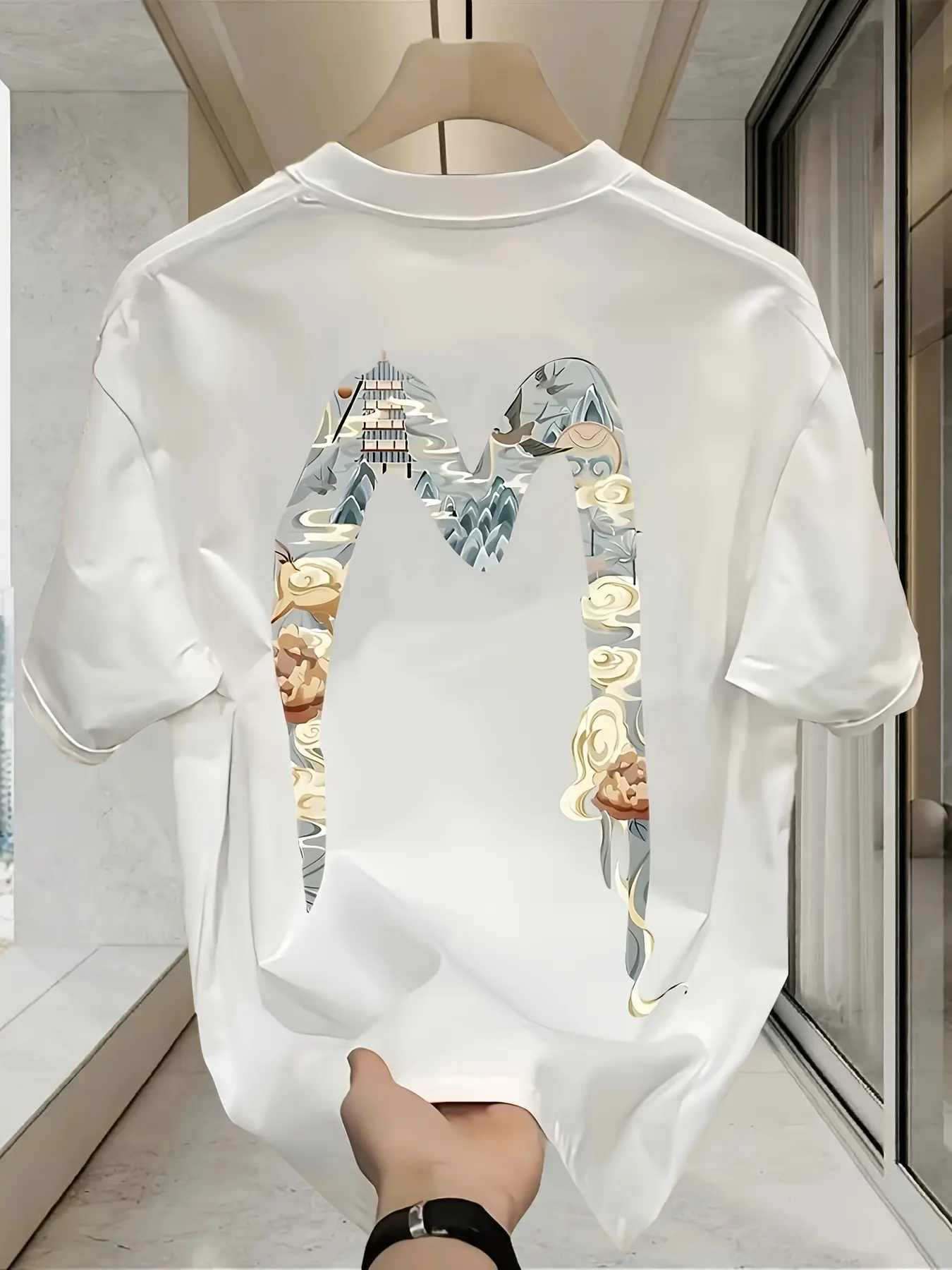 Men's summer 100% pure cotton fashionable casual sports loose letter pattern printed round neck short sleeved T-shirt top