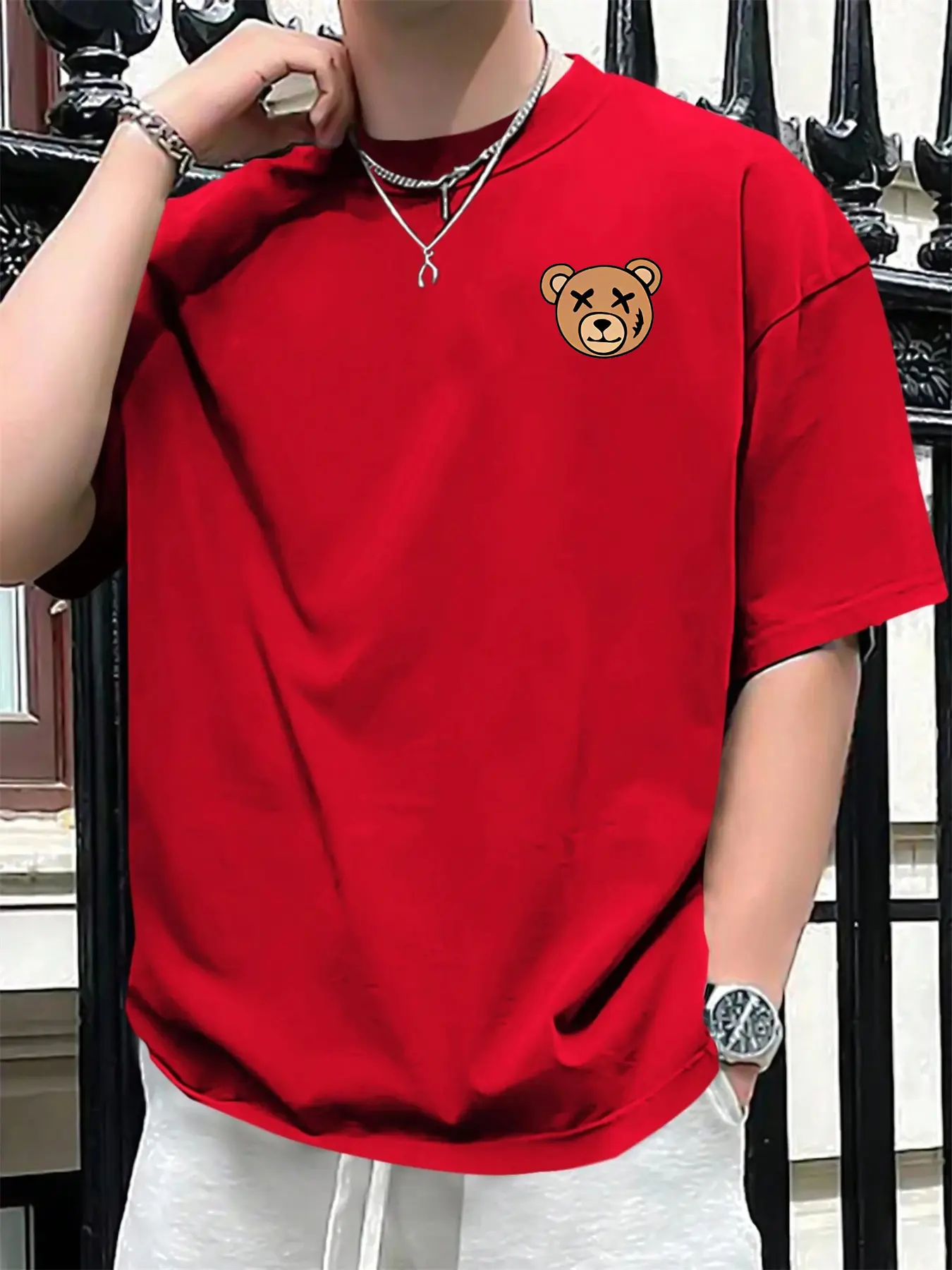 Summer men's 100% pure cotton casual sports loose cartoon bear pattern printed comfortable round neck short sleeved T-shirt top