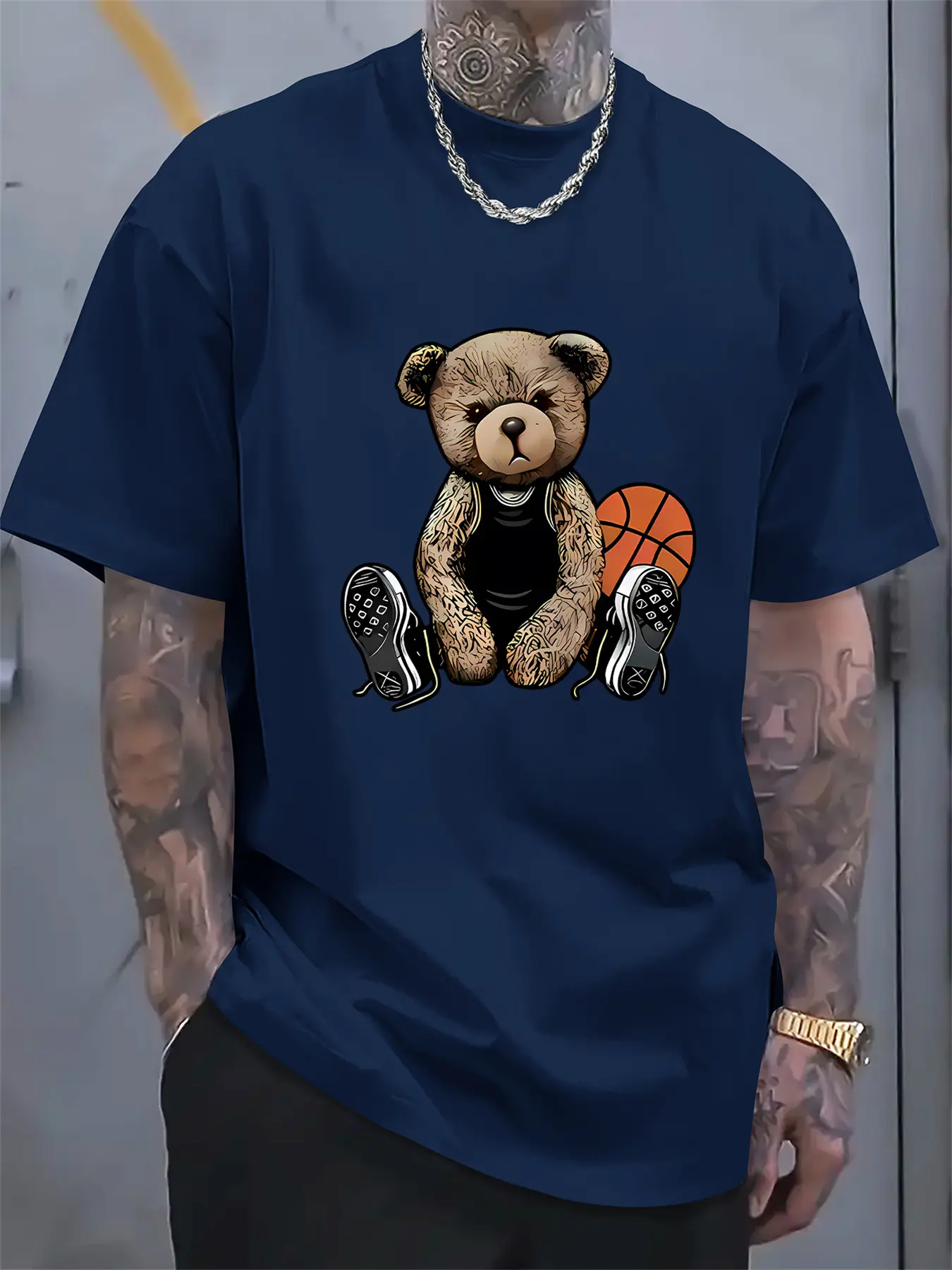 Men's summer 100 cotton fashionable casual sports loose and fun basketball bear pattern printed round neck short sleeved T-shirt