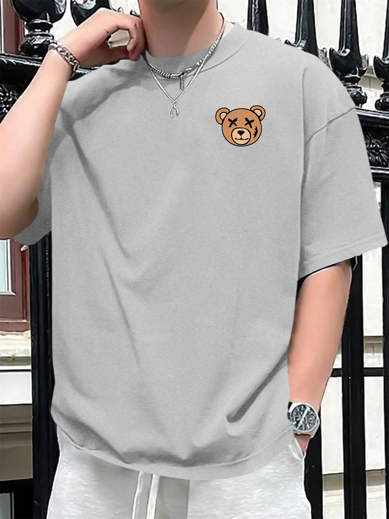 Summer men's 100% pure cotton casual sports loose cartoon bear pattern printed comfortable round neck short sleeved T-shirt top