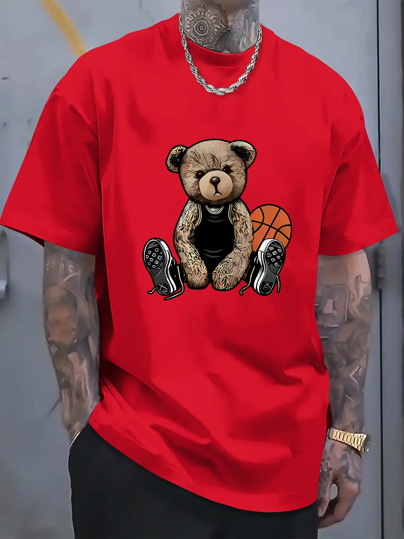 Men's summer 100 cotton fashionable casual sports loose and fun basketball bear pattern printed round neck short sleeved T-shirt