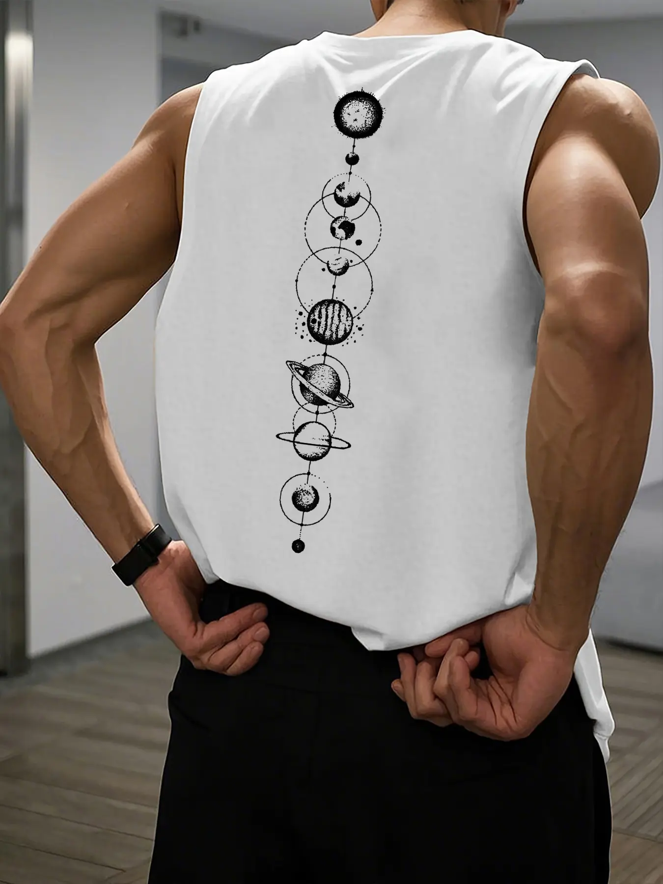 Men's Summer Leisure Sports Fitness Loose Space Planet Pattern Printed Comfortable and Breathable Round Neck Sleeveless Tank Top