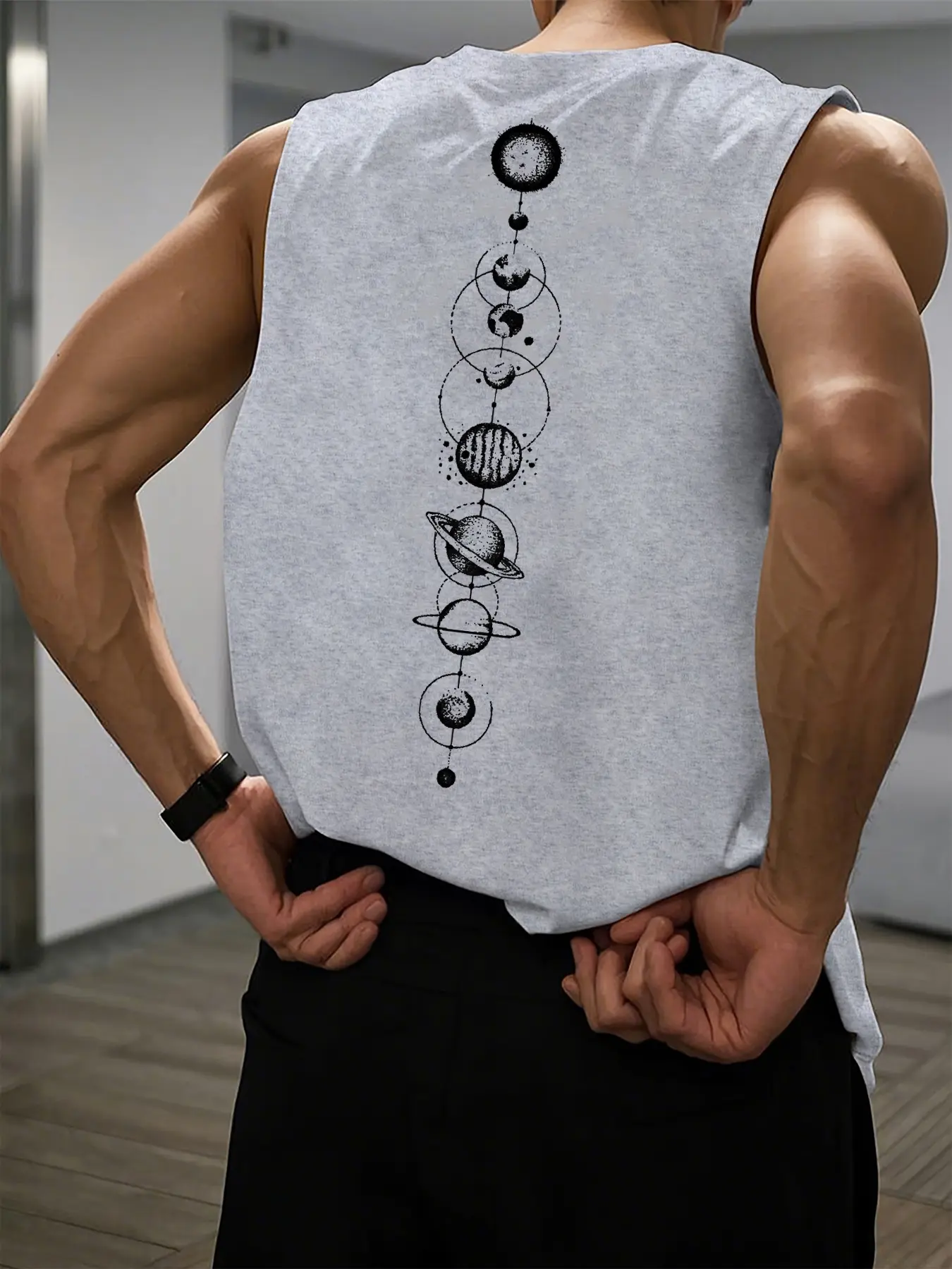 Men's Summer Leisure Sports Fitness Loose Space Planet Pattern Printed Comfortable and Breathable Round Neck Sleeveless Tank Top