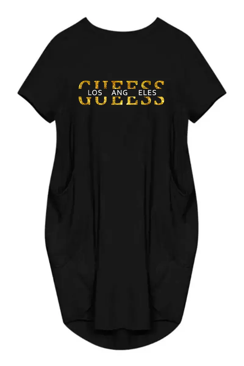 Ladies GUEESS Los Angeles letter pattern print loose short sleeved round neck pocket summer women's dress casual dress