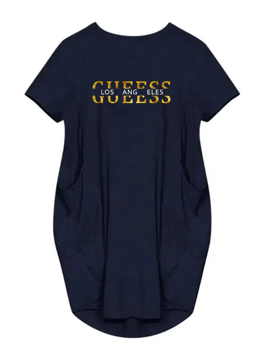 Ladies GUEESS Los Angeles letter pattern print loose short sleeved round neck pocket summer women's dress casual dress