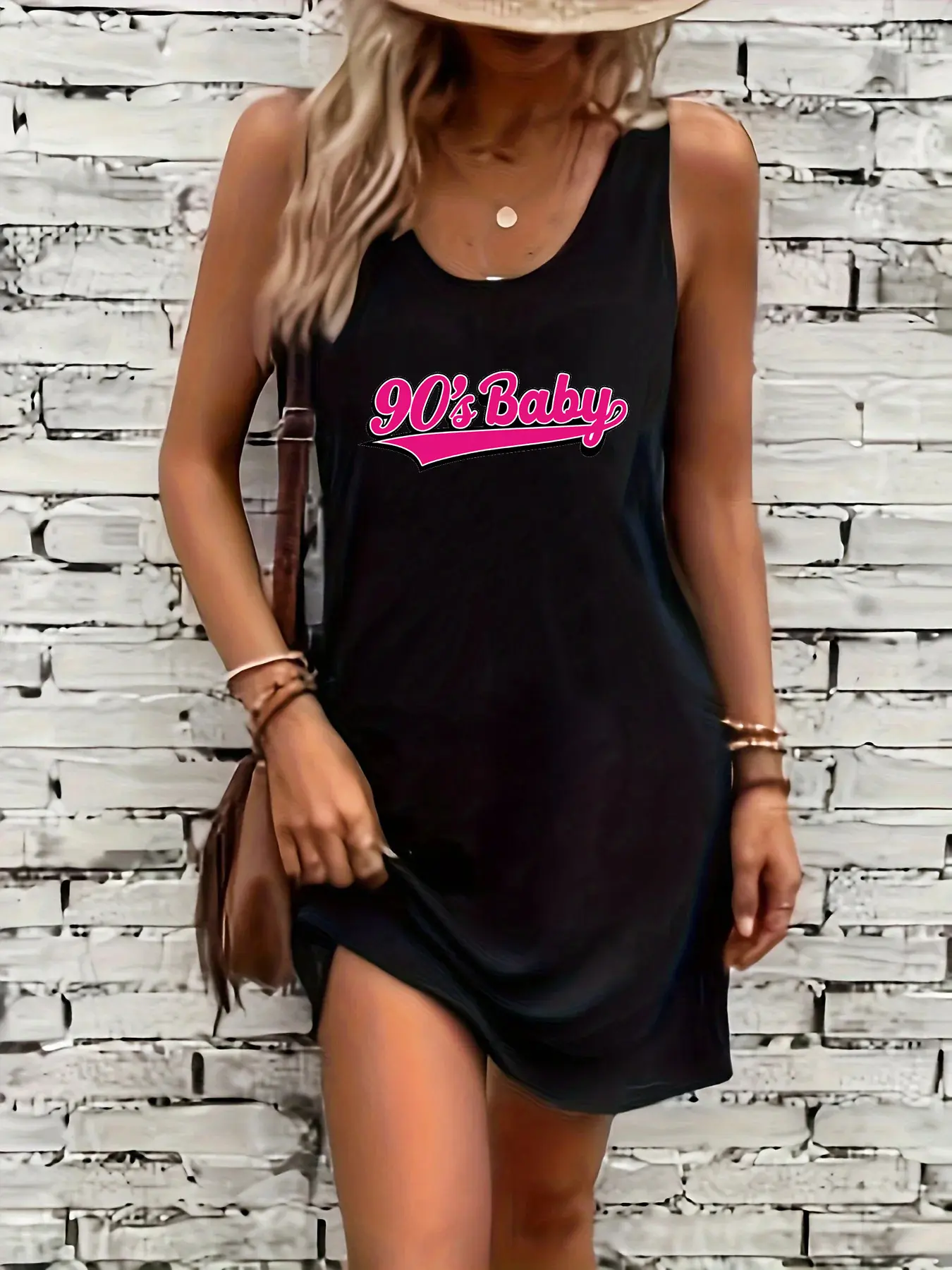 Women's summer loose and comfortable casual 90's Baby letter pattern printed black sleeveless vest dress punk style dress