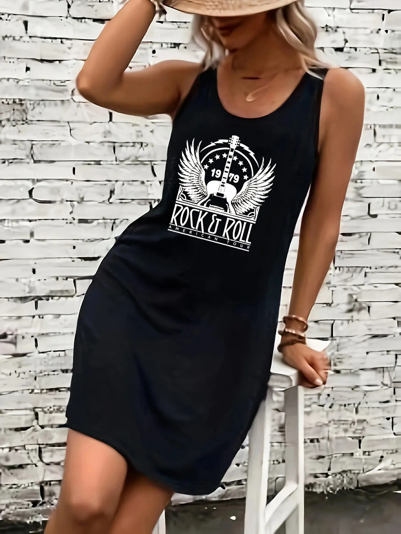 Women's summer loose and comfortable casual ROCK ROLL pattern printed black sleeveless vest dress punk style dress