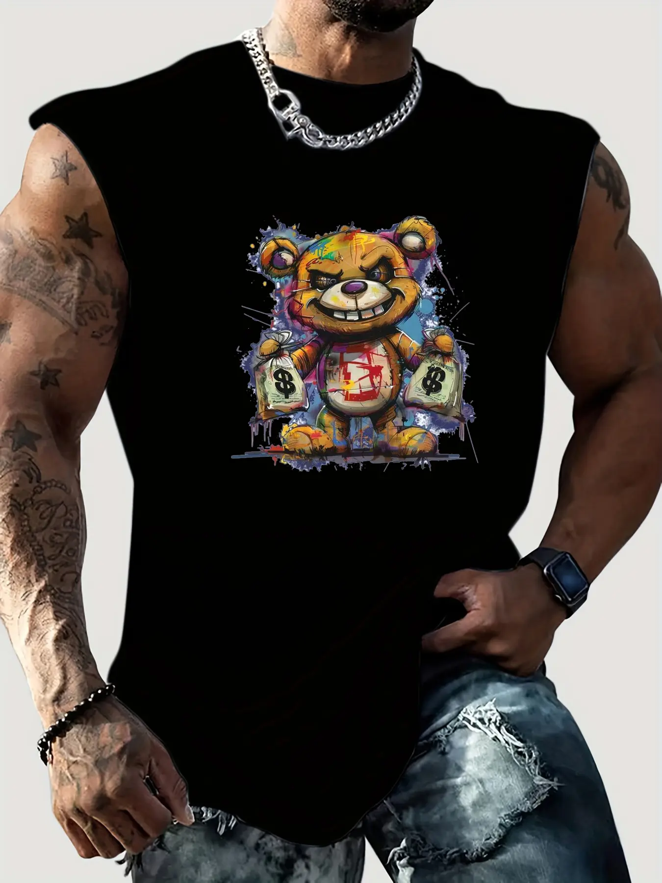 Men's Summer Leisure Sports Fitness Loose Cartoon Bear Pattern Printed Comfortable and Breathable Round Neck Sleeveless Tank Top