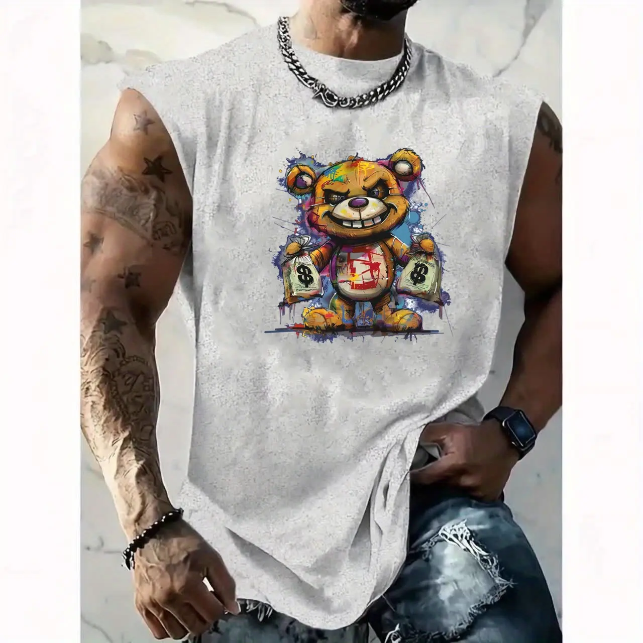 Men's Summer Leisure Sports Fitness Loose Cartoon Bear Pattern Printed Comfortable and Breathable Round Neck Sleeveless Tank Top