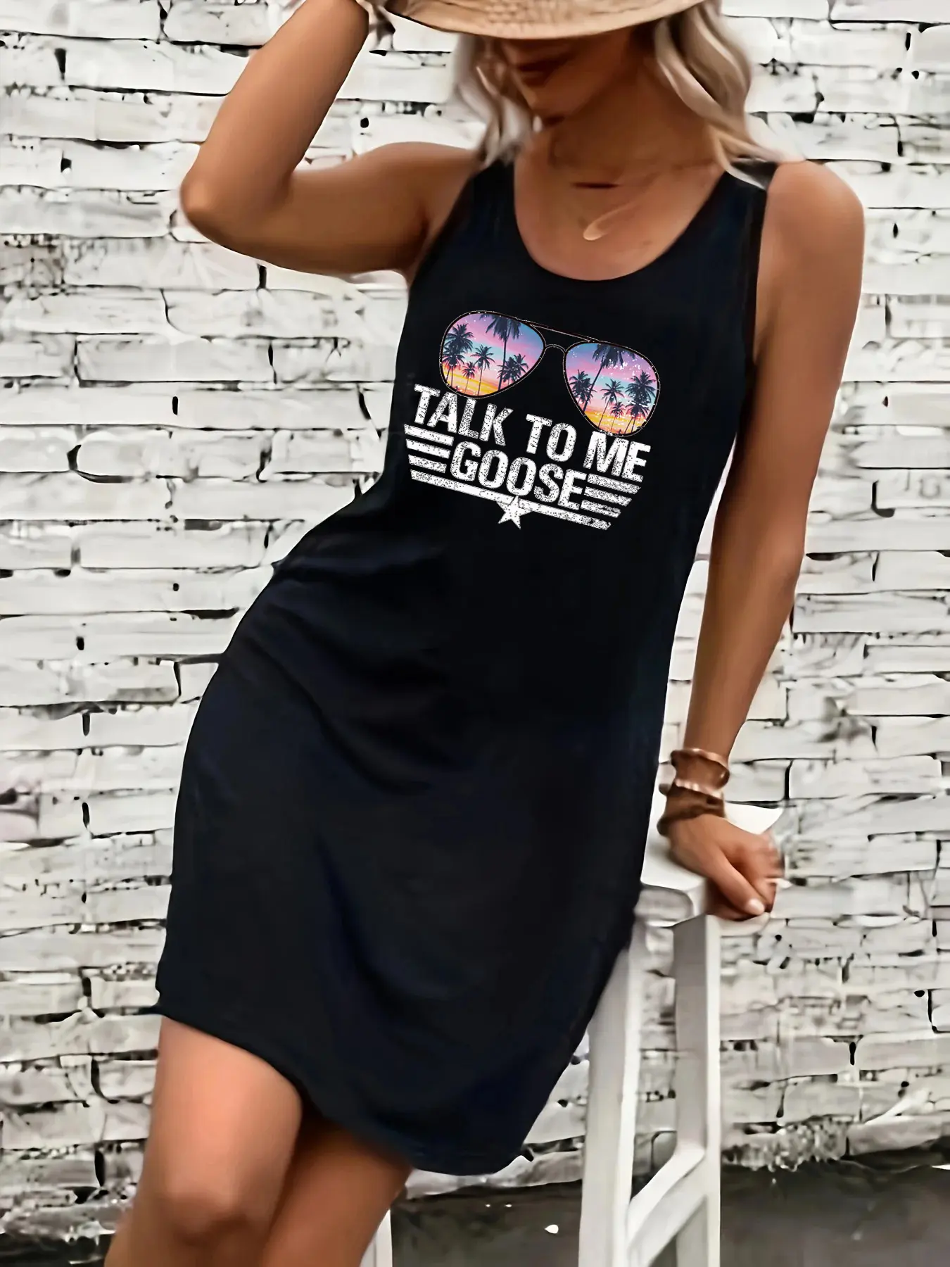Women's summer loose and comfortable casual sunglasses and coconut print black sleeveless vest skirt punk style dress