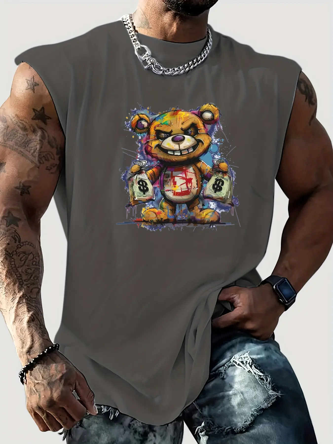 Men's Summer Leisure Sports Fitness Loose Cartoon Bear Pattern Printed Comfortable and Breathable Round Neck Sleeveless Tank Top