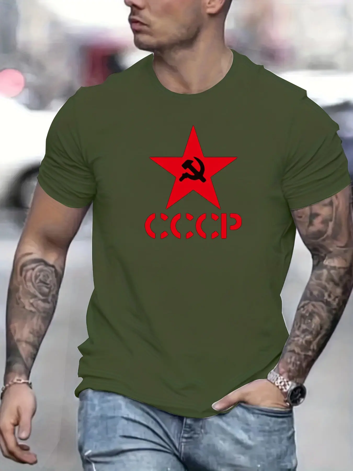 Men's summer 100% pure cotton fashionable casual sports loose CCCP letter pentagram printed round neck short sleeved T-shirt top