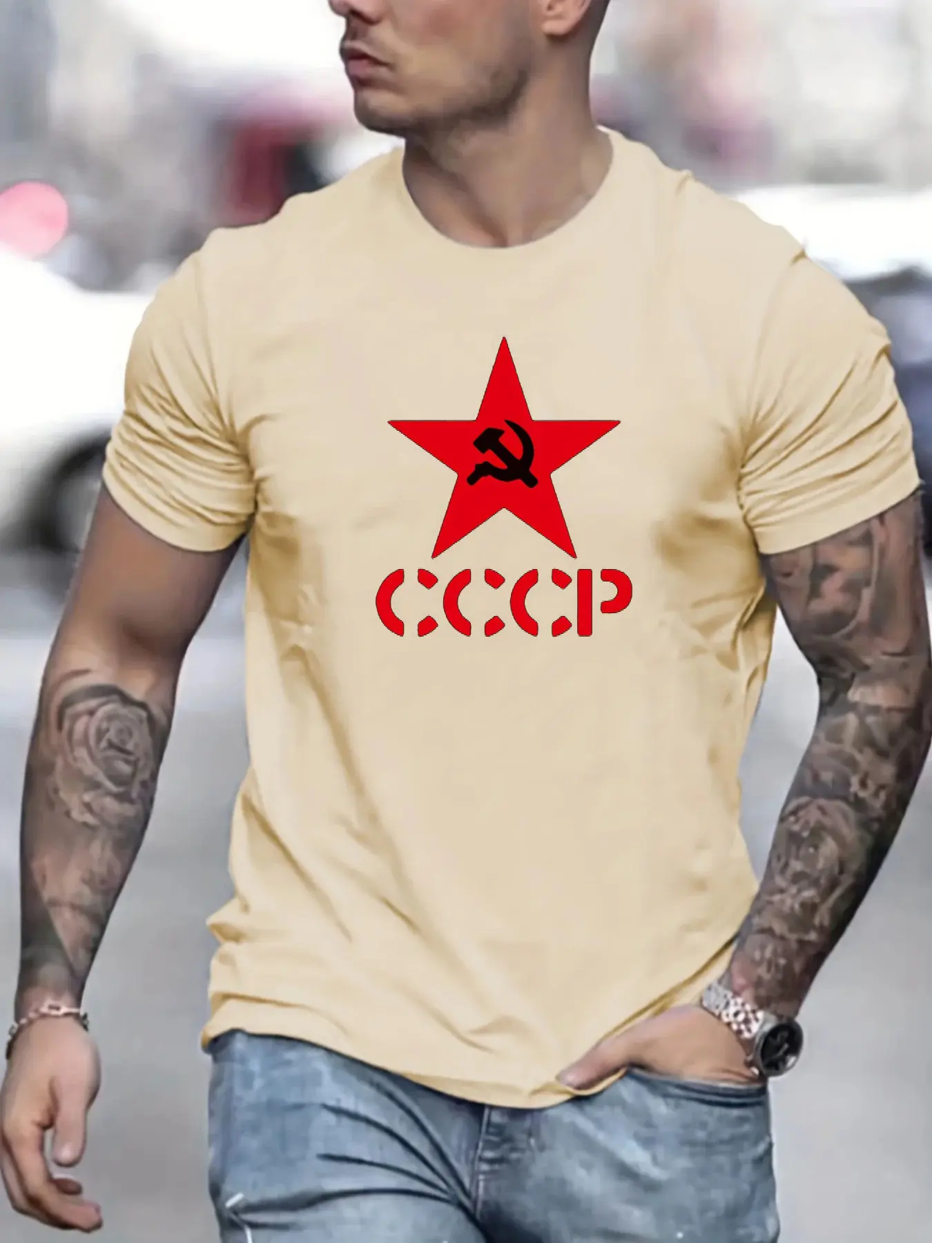 Men's summer 100% pure cotton fashionable casual sports loose CCCP letter pentagram printed round neck short sleeved T-shirt top