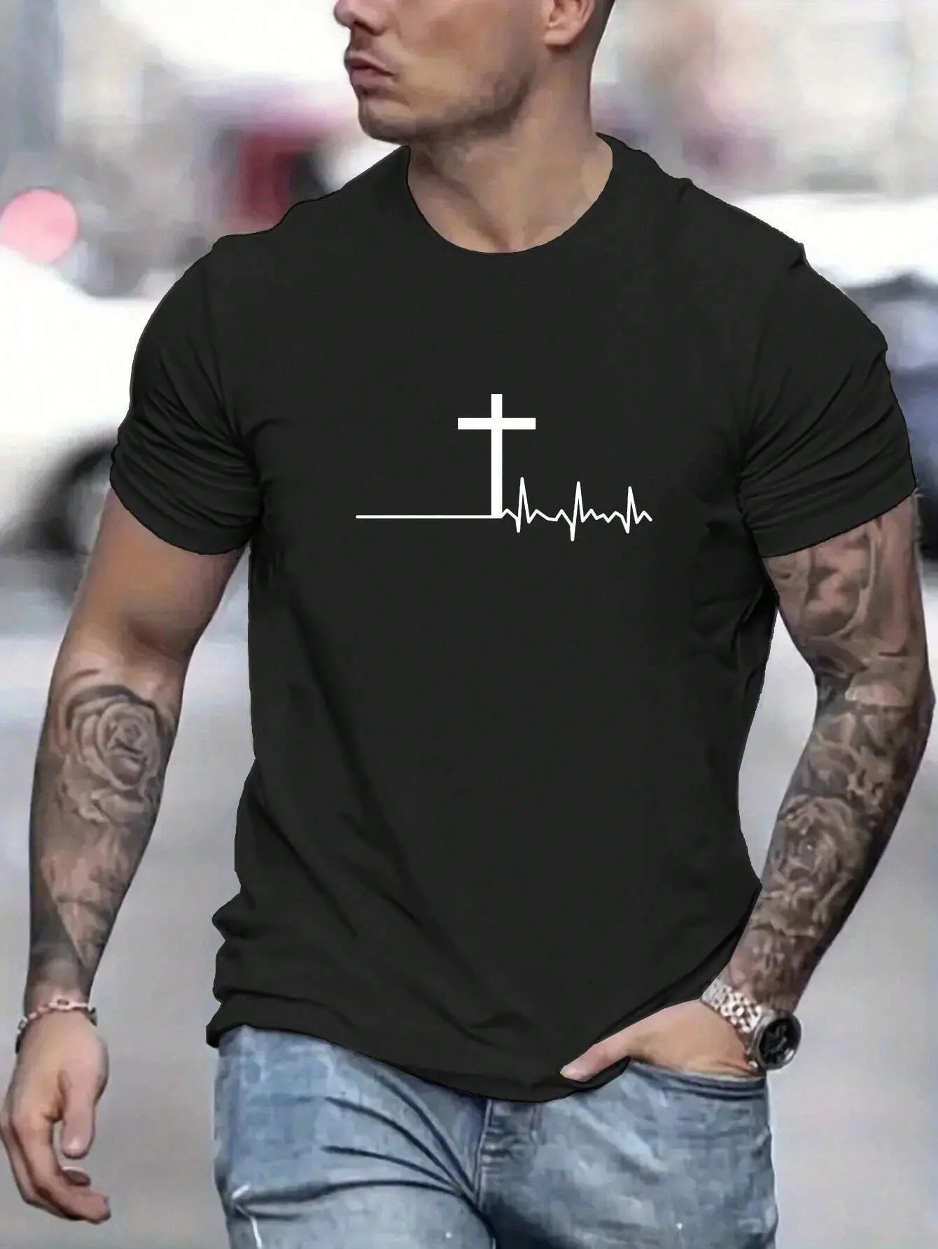 Men's 100% cotton summer loose and comfortable fashion cross print slim fit casual sports round neck short sleeved T-shirt top