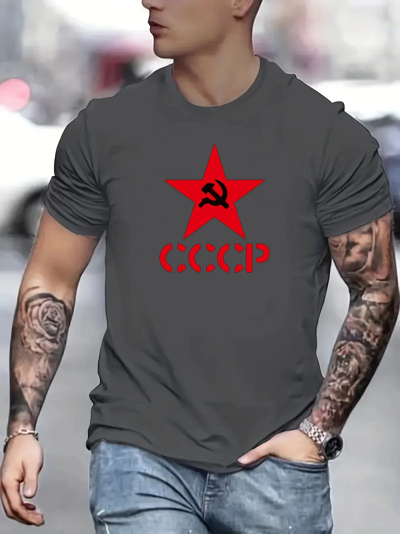 Men's summer 100% pure cotton fashionable casual sports loose CCCP letter pentagram printed round neck short sleeved T-shirt top