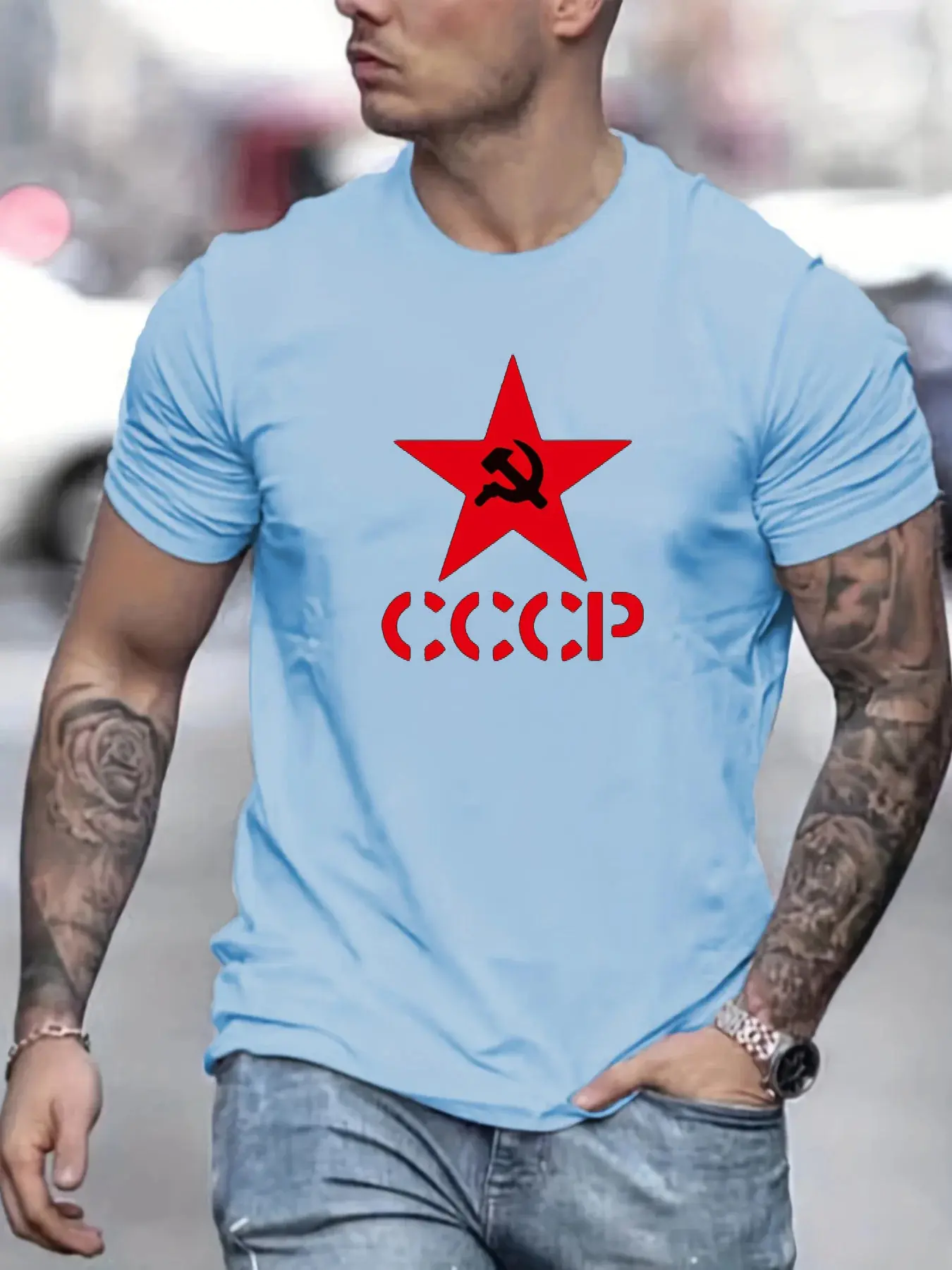 Men's summer 100% pure cotton fashionable casual sports loose CCCP letter pentagram printed round neck short sleeved T-shirt top